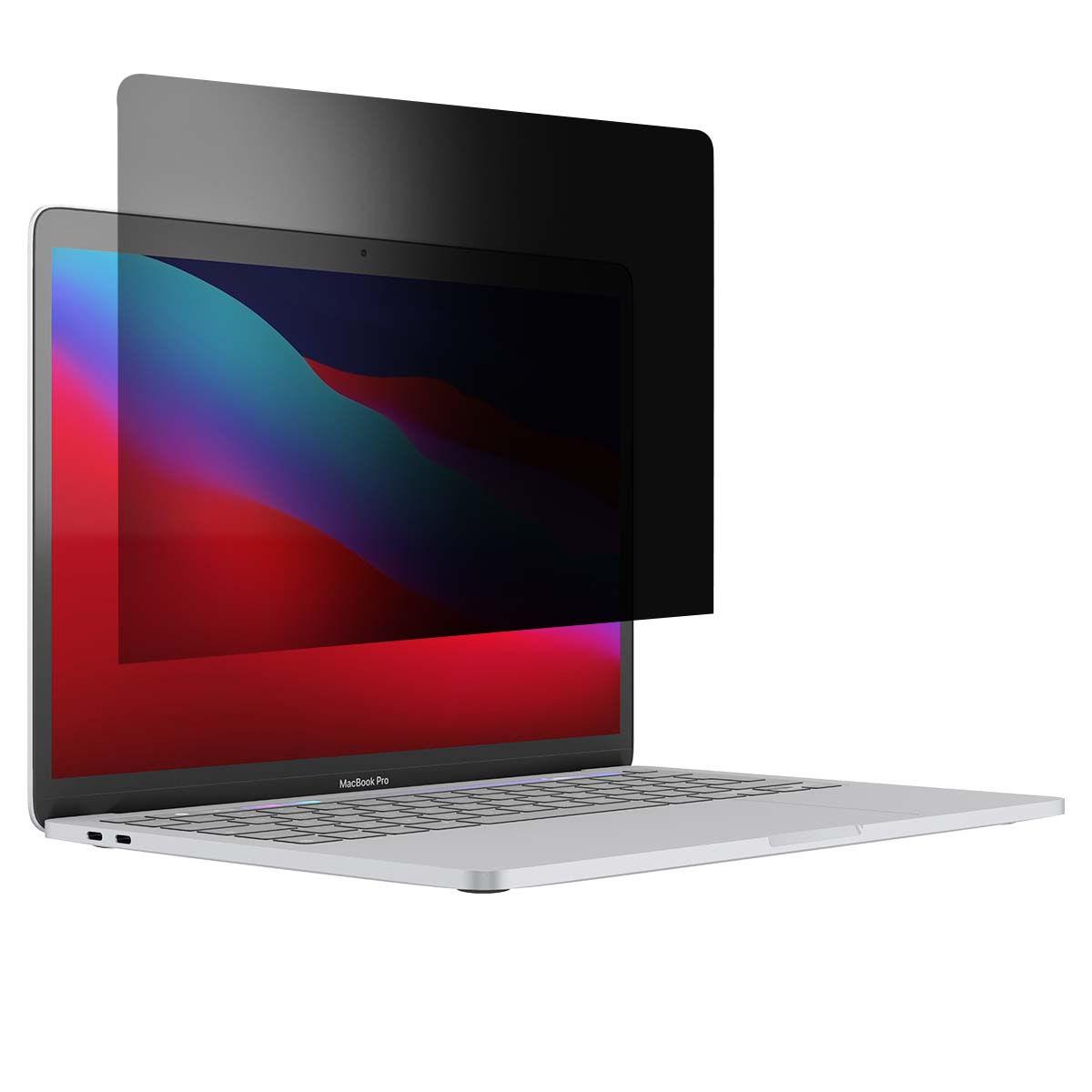 Ein Macbook Pro mit einem Sichtschutz. Der Bildschirm zeigt einen bunten Farbverlauf. Der Laptop ist silber, der Sichtschutz ist schwarz.
