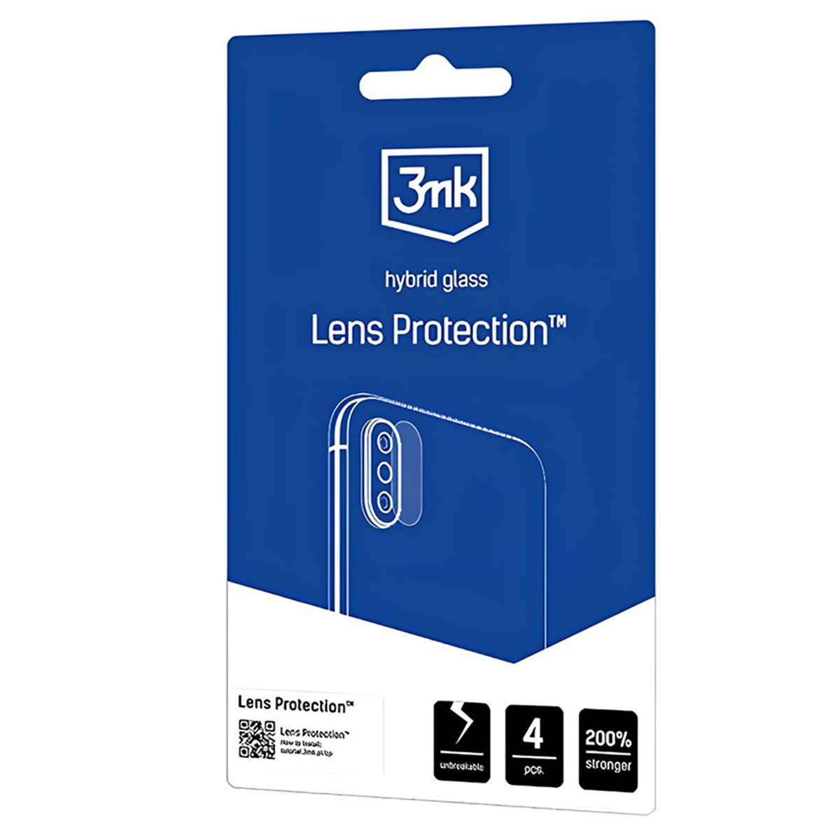 Confezione blu con logo 3mk, testo Lens Protection e immagine del telefono. Caratteristiche: infrangibile, 4 pezzi e 200% più forte.