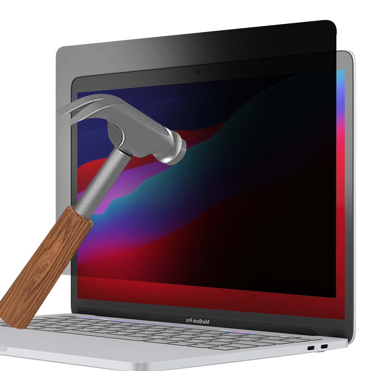 Ein Hammer ist kurz davor, auf einen Laptop-Bildschirm zu schlagen. Der Bildschirm zeigt einen bunten Hintergrund.