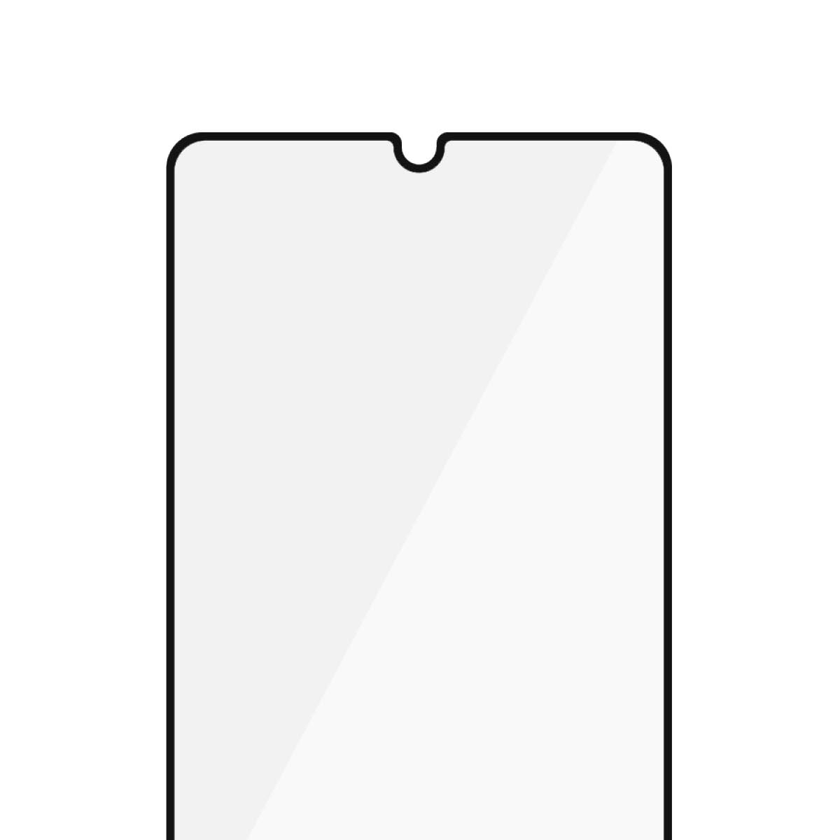 Eine Displayschutzfolie für das Telefon mit schwarzem Rand. Oben hat es eine Kerbe. Der Bildschirm ist weiß. Der Hintergrund ist weiß.