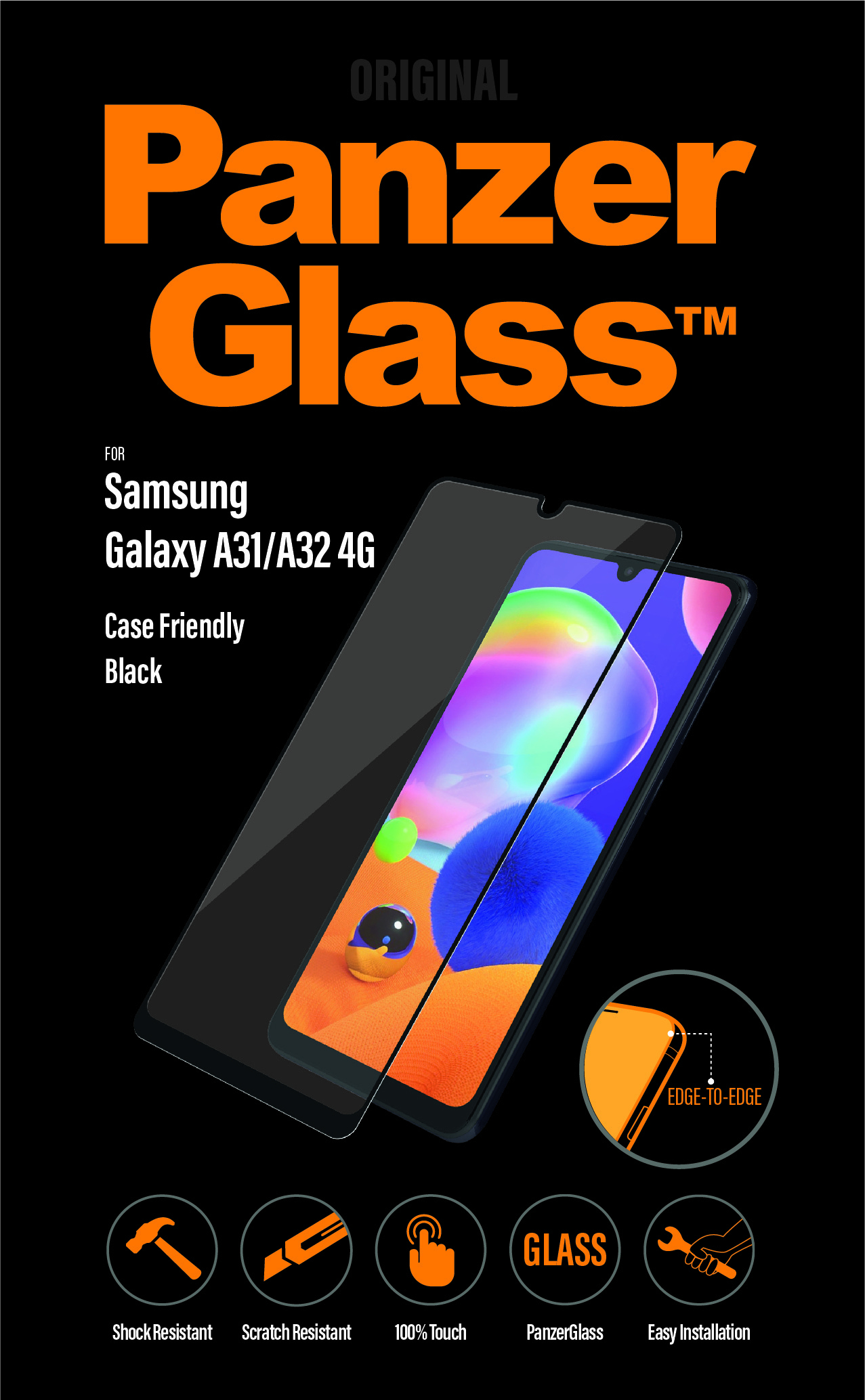 Schwarzer Hintergrund mit orangefarbenem Text 'Panzer Glass'. Displayschutzfolie für Samsung Galaxy A31/A32. Zeigt Telefon mit Schutz.
