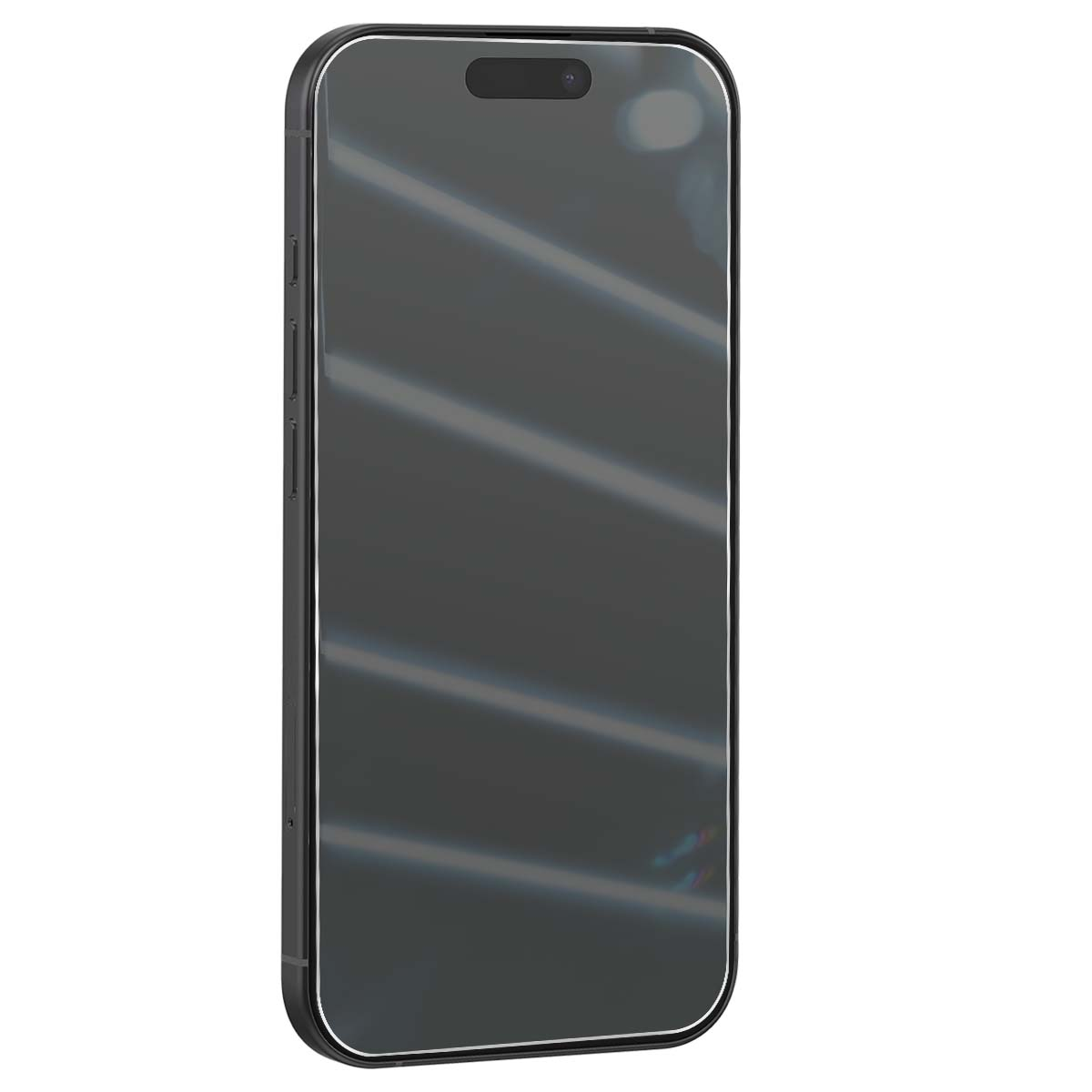 Uno smartphone grigio scuro con modulo fotocamera nero e cornice argentata. Lo schermo è scuro con riflessi. Il telefono è su sfondo bianco.