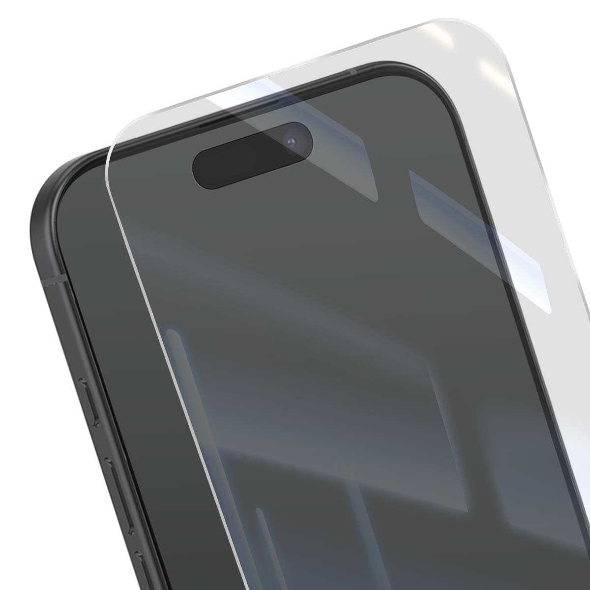 Primo piano di uno smartphone nero con una protezione schermo trasparente applicata. La protezione si sovrappone leggermente ai bordi.