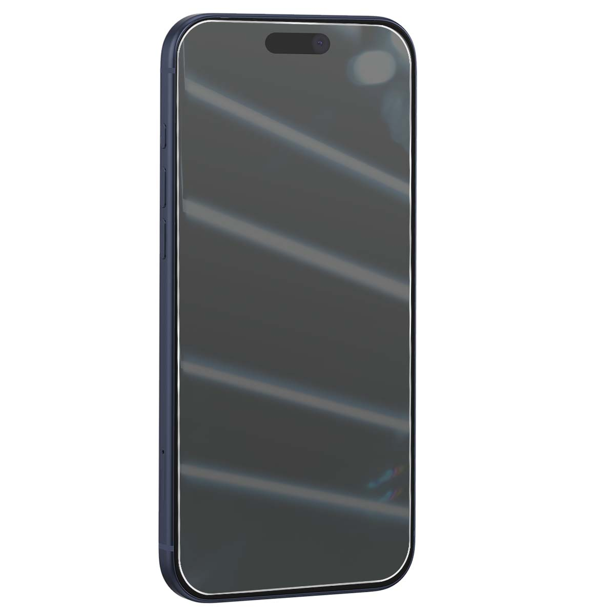 Un smartphone à écran sombre est affiché sur fond blanc. Le téléphone a un cadre bleu et une découpe de caméra en haut.