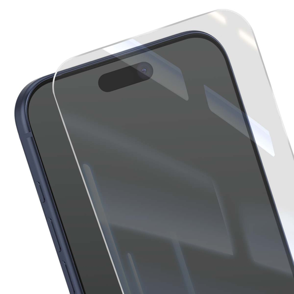 Un smartphone bleu foncé avec un protecteur d'écran appliqué. Le téléphone a une caméra et un écran.