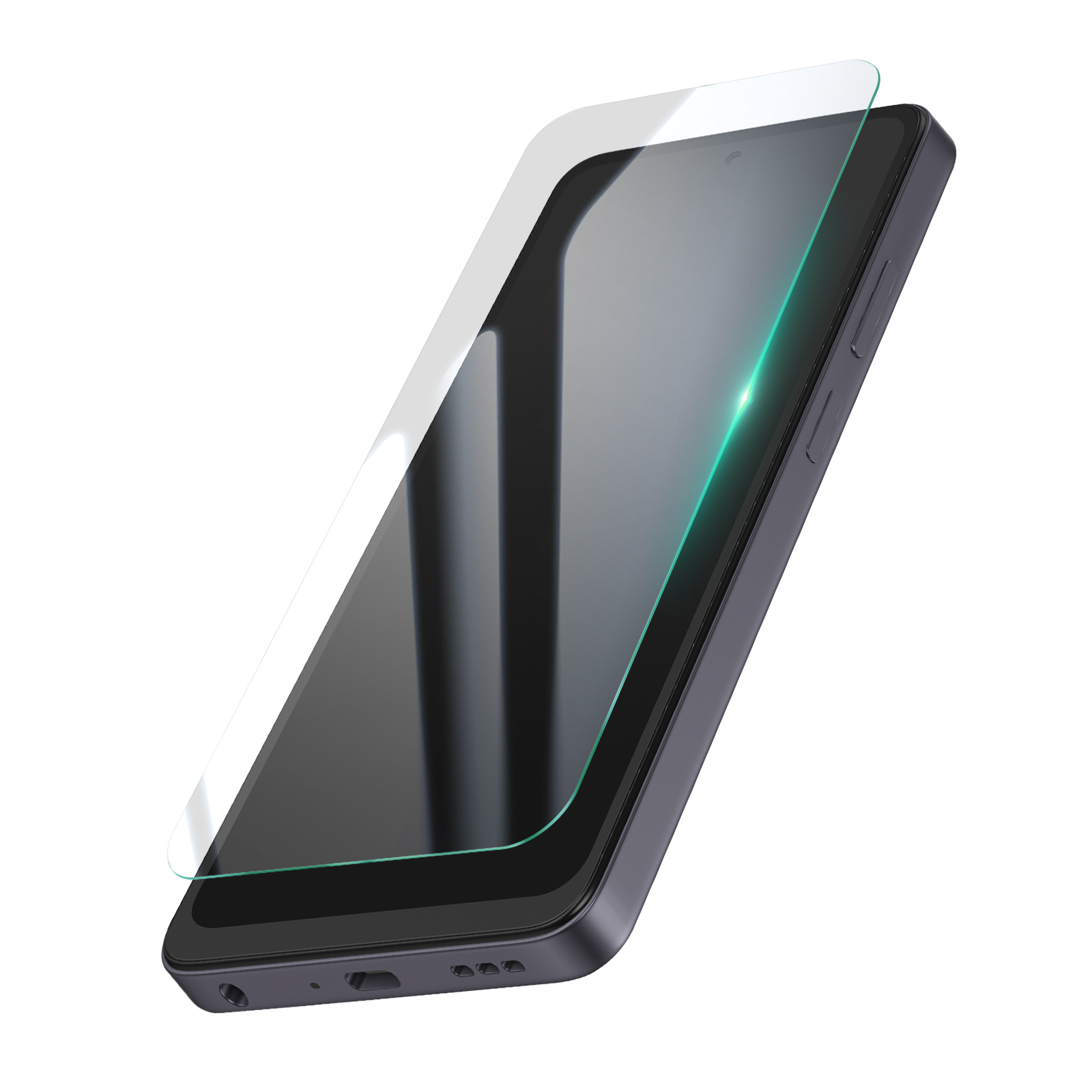 Un smartphone avec un protecteur d'écran. Le téléphone est gris foncé et le protecteur est transparent et légèrement relevé.