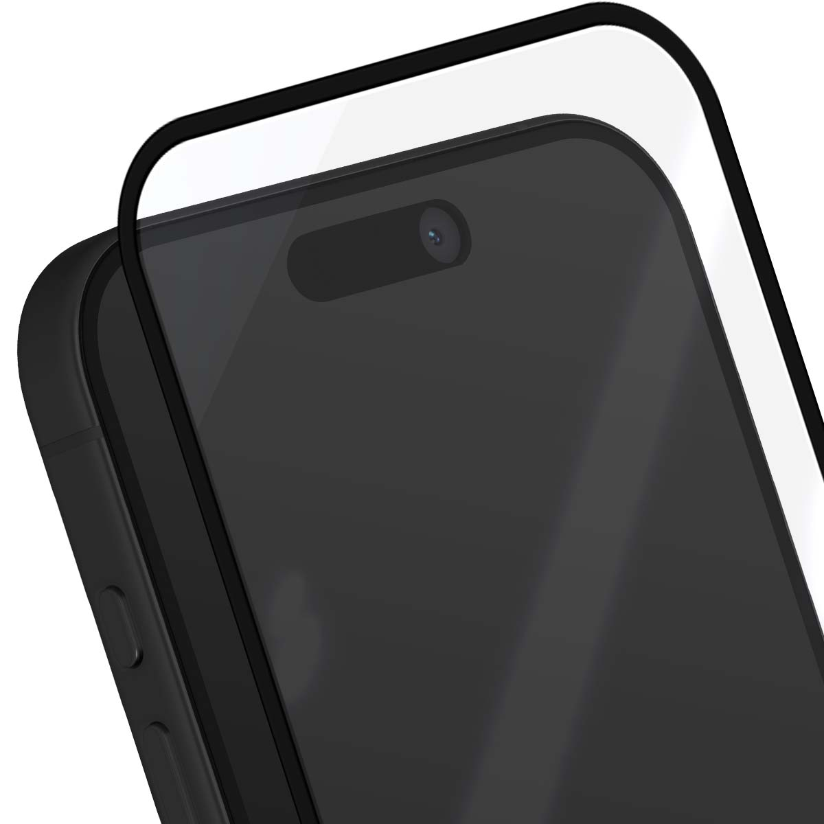 Gros plan d'un smartphone noir avec un protecteur d'écran. L'écran a une caméra. Le protecteur a une bordure noire.