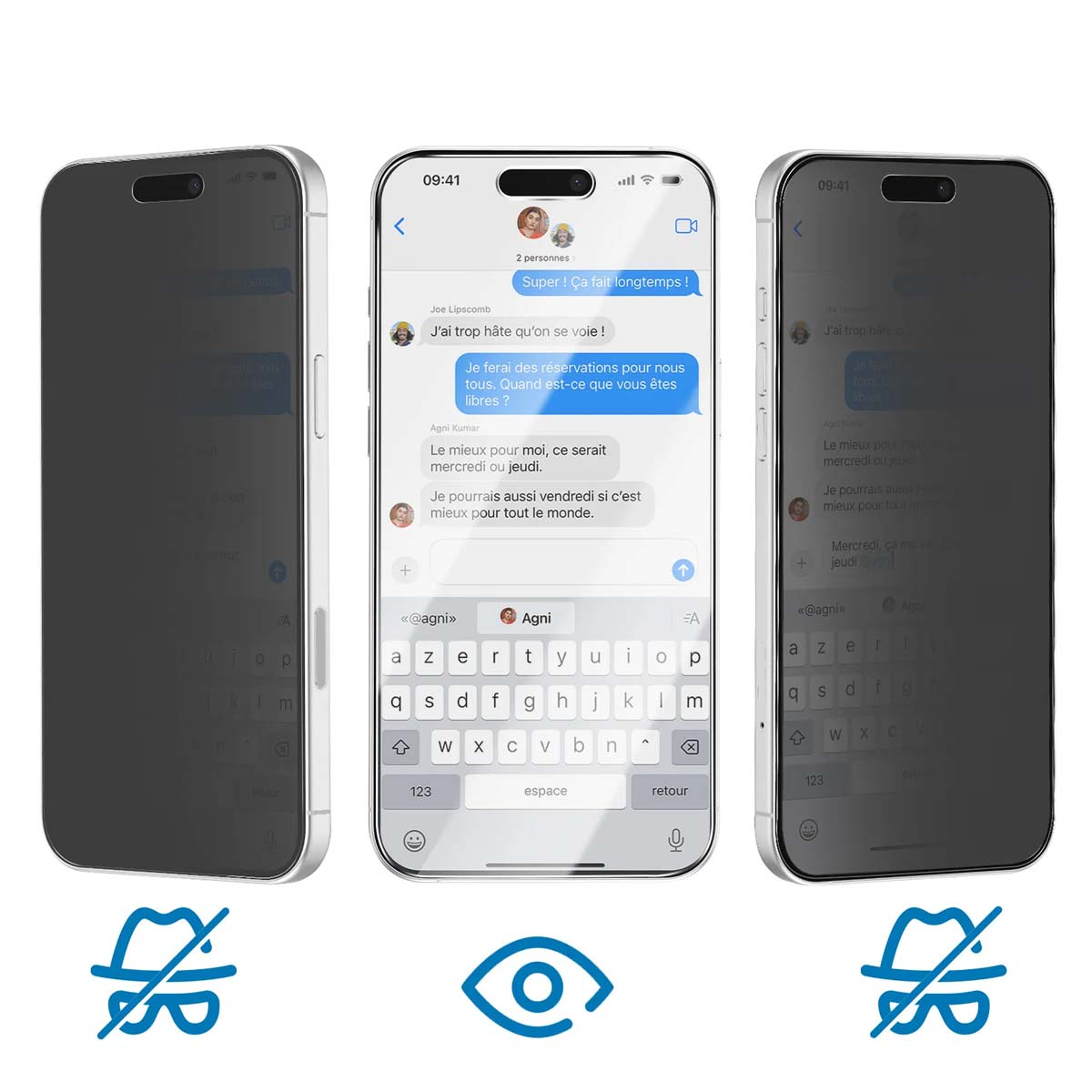 Tre smartphone mostrano un'app di messaggistica con conversazioni e una tastiera.