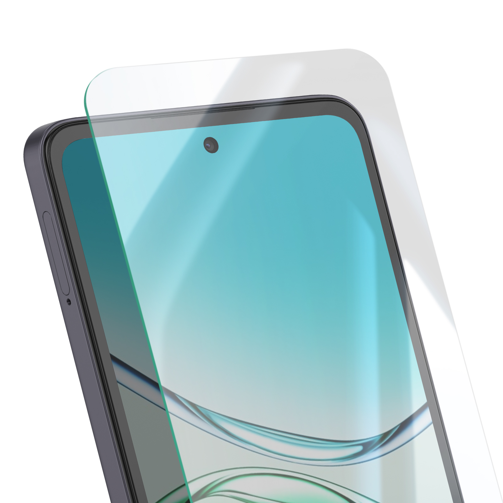 Un smartphone avec un protecteur d'écran appliqué. L'écran affiche un dégradé turquoise. Fond blanc.