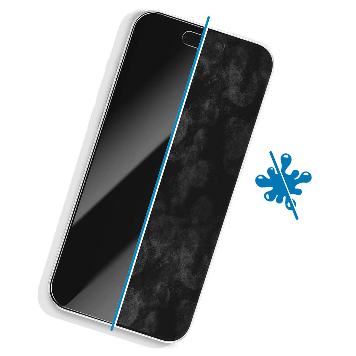 Schermo del telefono diviso da una linea blu. Un lato pulito, l'altro con impronte digitali. Icona goccia d'acqua blu sbarrata.