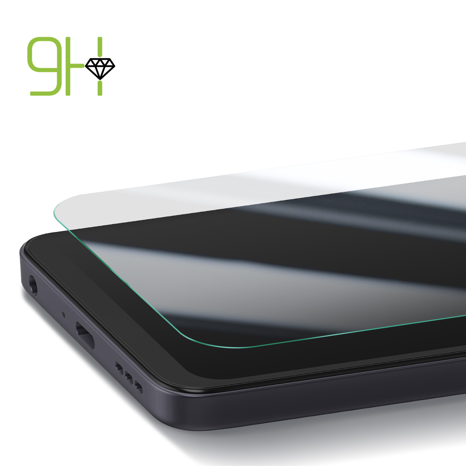 Un téléphone avec un protecteur d'écran appliqué. Logo vert en haut à gauche. Téléphone noir, protecteur transparent.
