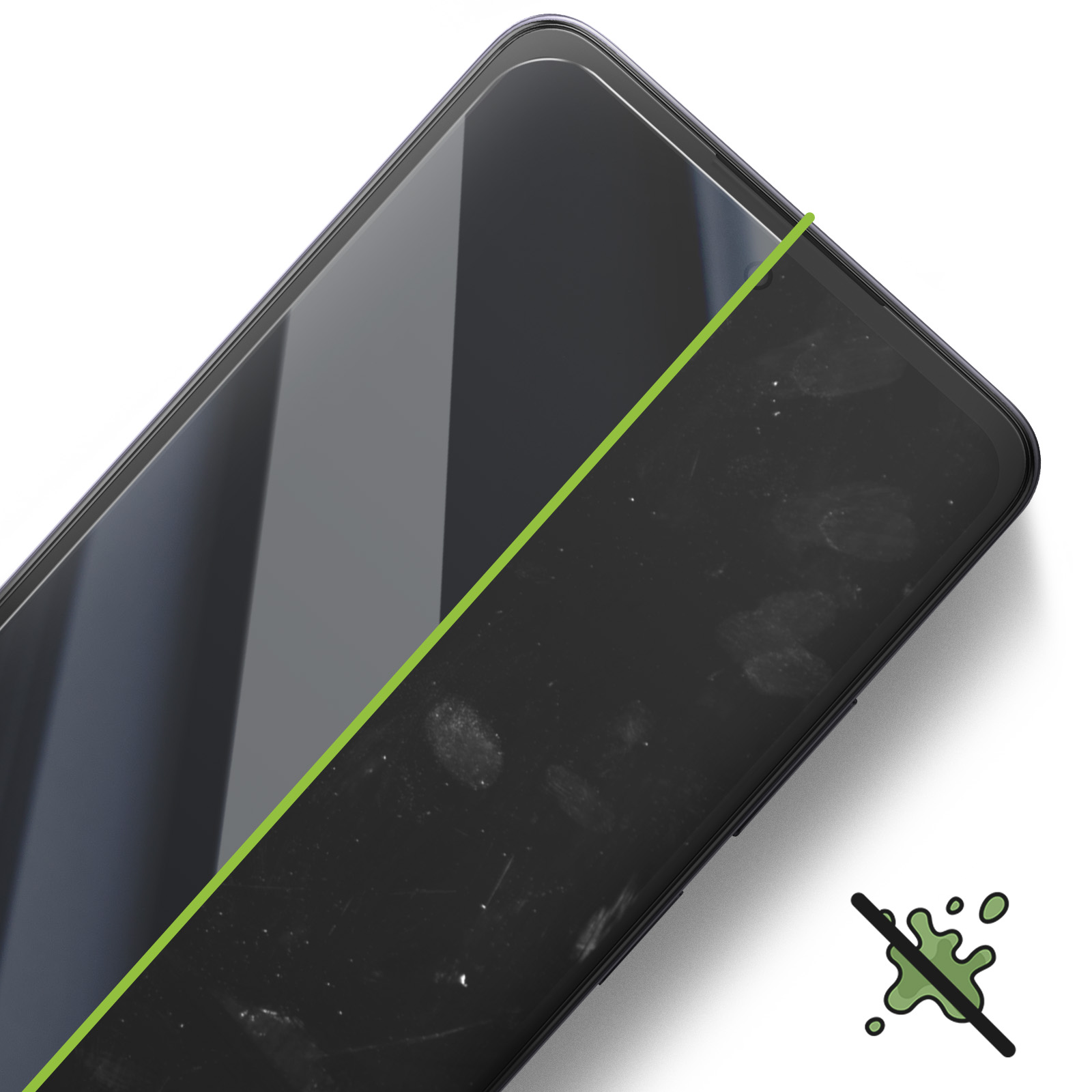 Écran de smartphone avec ligne verte. Un côté propre, l'autre sale avec des empreintes. Icône anti-éclaboussures.