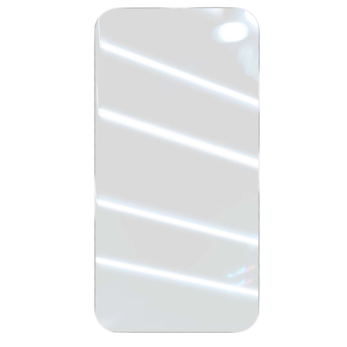 Un oggetto rettangolare e trasparente con angoli arrotondati. Linee diagonali bianche e luminose sono visibili sulla superficie, che riflettono la luce.