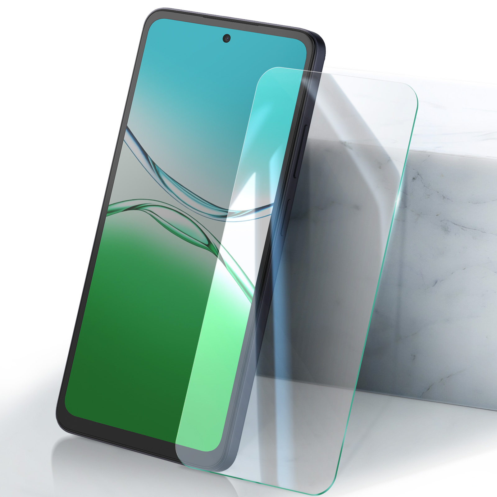Smartphone avec protecteur d'écran. Le téléphone a un écran vert et bleu. Le protecteur est transparent. Bloc de marbre en arrière-plan.