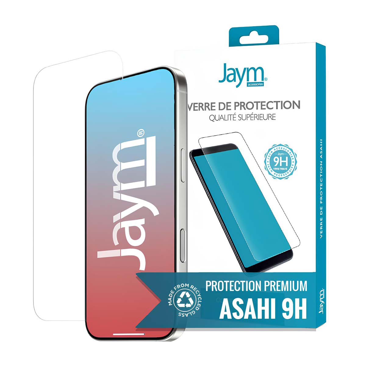 Un telefono e una scatola per la protezione dello schermo. La scatola dice 'Jaym' e 'protection premium'. Il telefono mostra uno schermo blu.