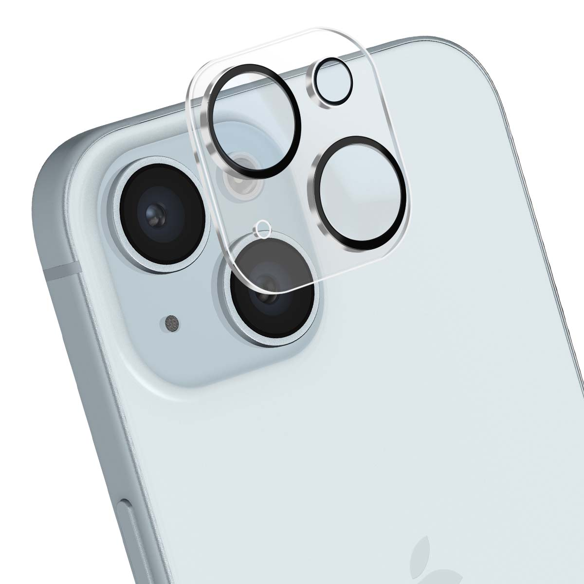 Primo piano del retro di un telefono azzurro con una protezione trasparente per l'obiettivo della fotocamera. Le lenti della fotocamera sono nere, il telefono è azzurro.