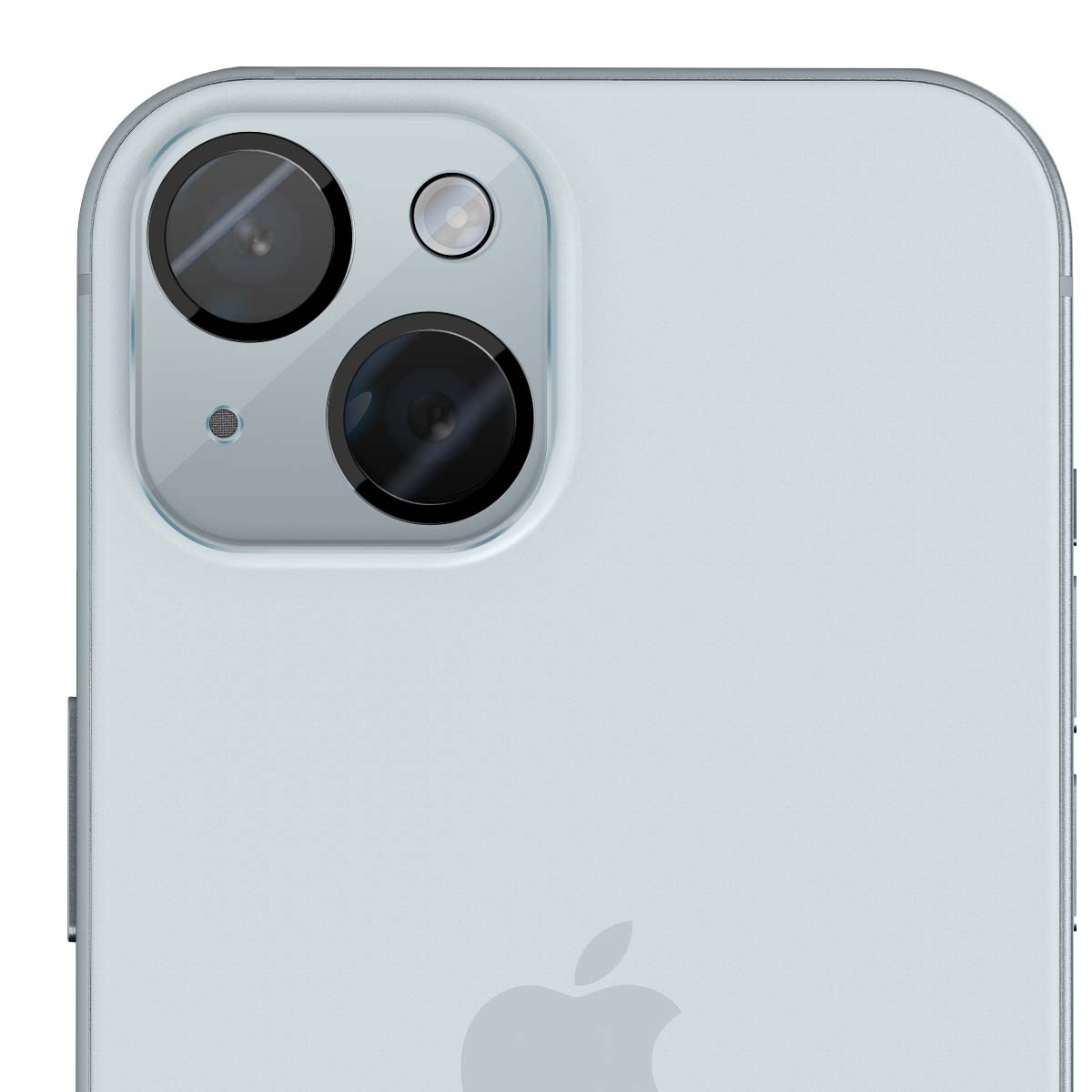 Primo piano del retro di uno smartphone azzurro con modulo fotocamera. Il modulo ha tre lenti. Un logo Apple è visibile in basso.
