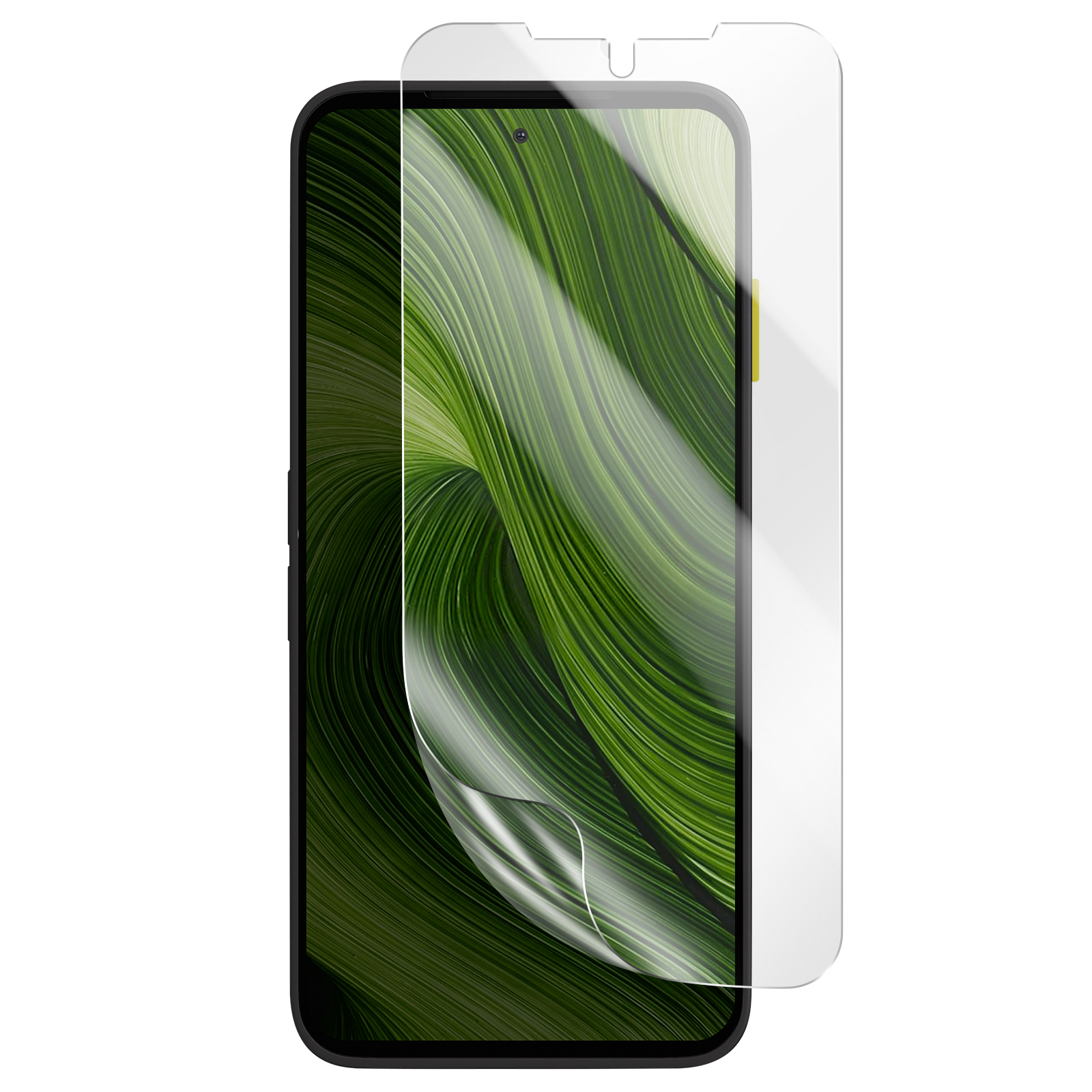 Uno smartphone con protezione schermo applicata. Lo schermo mostra linee verdi astratte. La protezione è trasparente.