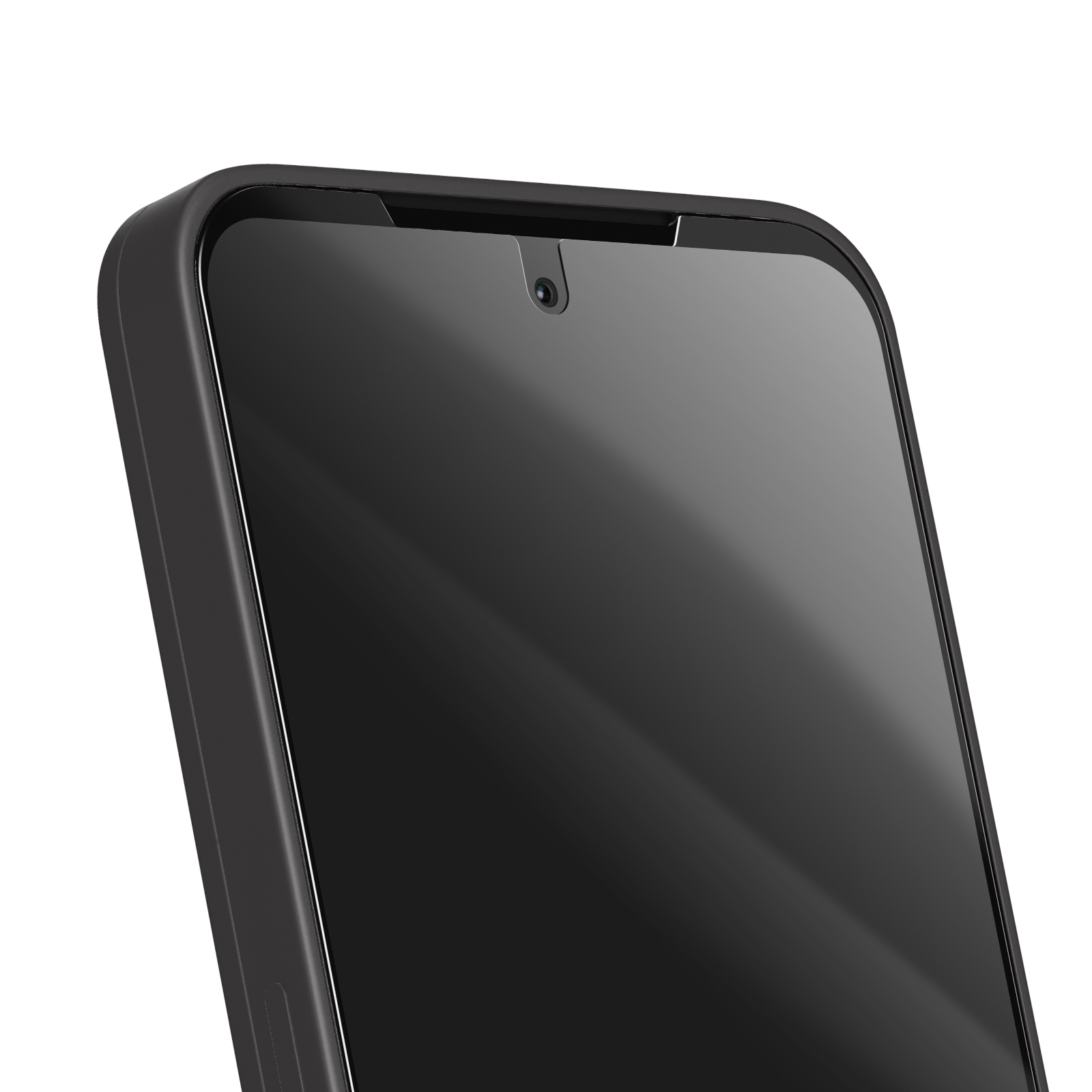 Primo piano di uno smartphone nero. Lo schermo è scuro e la fotocamera anteriore è visibile. Il telefono è in una custodia nera.