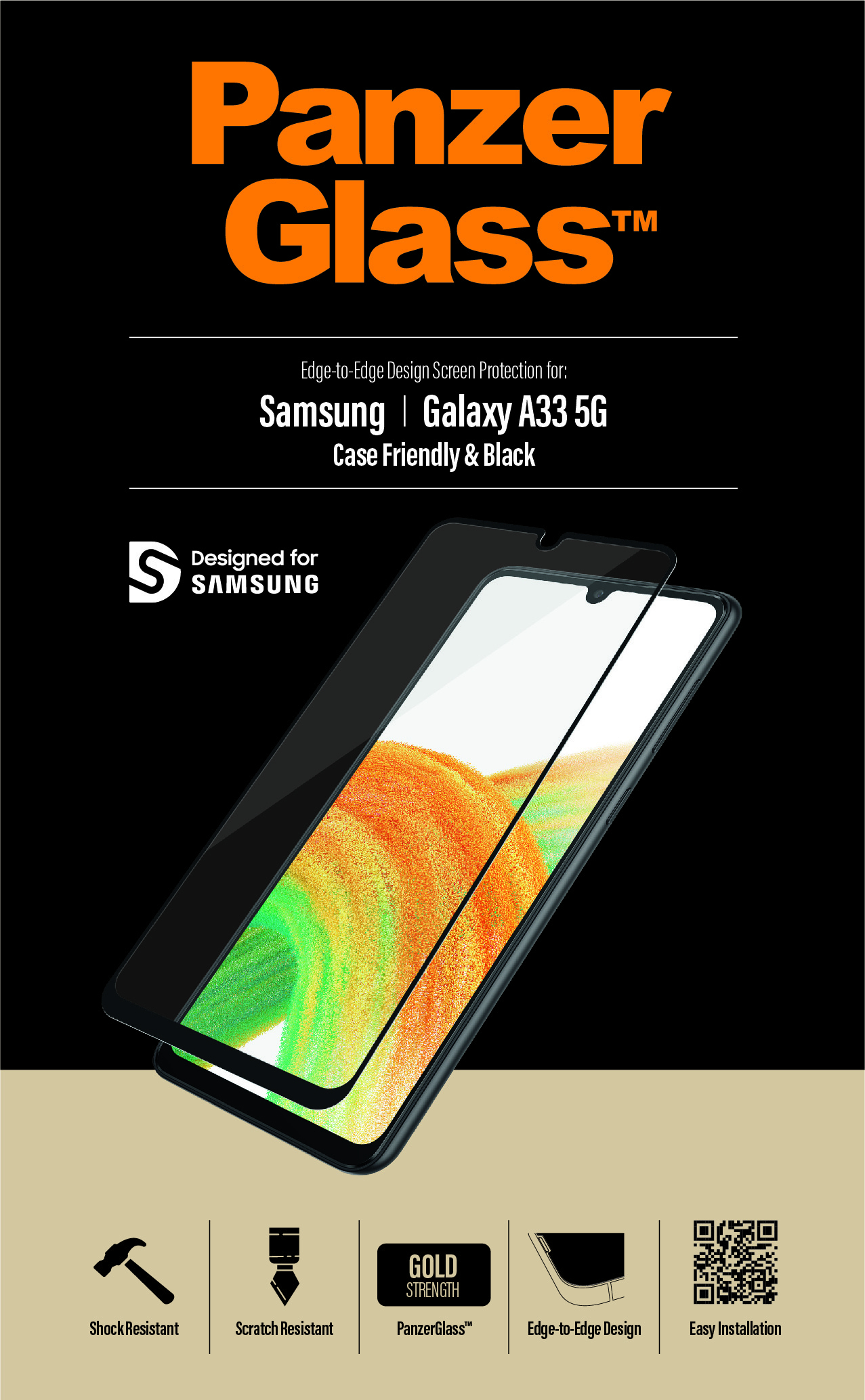 Protezione schermo PanzerGlass per Samsung Galaxy A33 5G. Vetro nero con immagine del telefono. Funzionalità in basso.