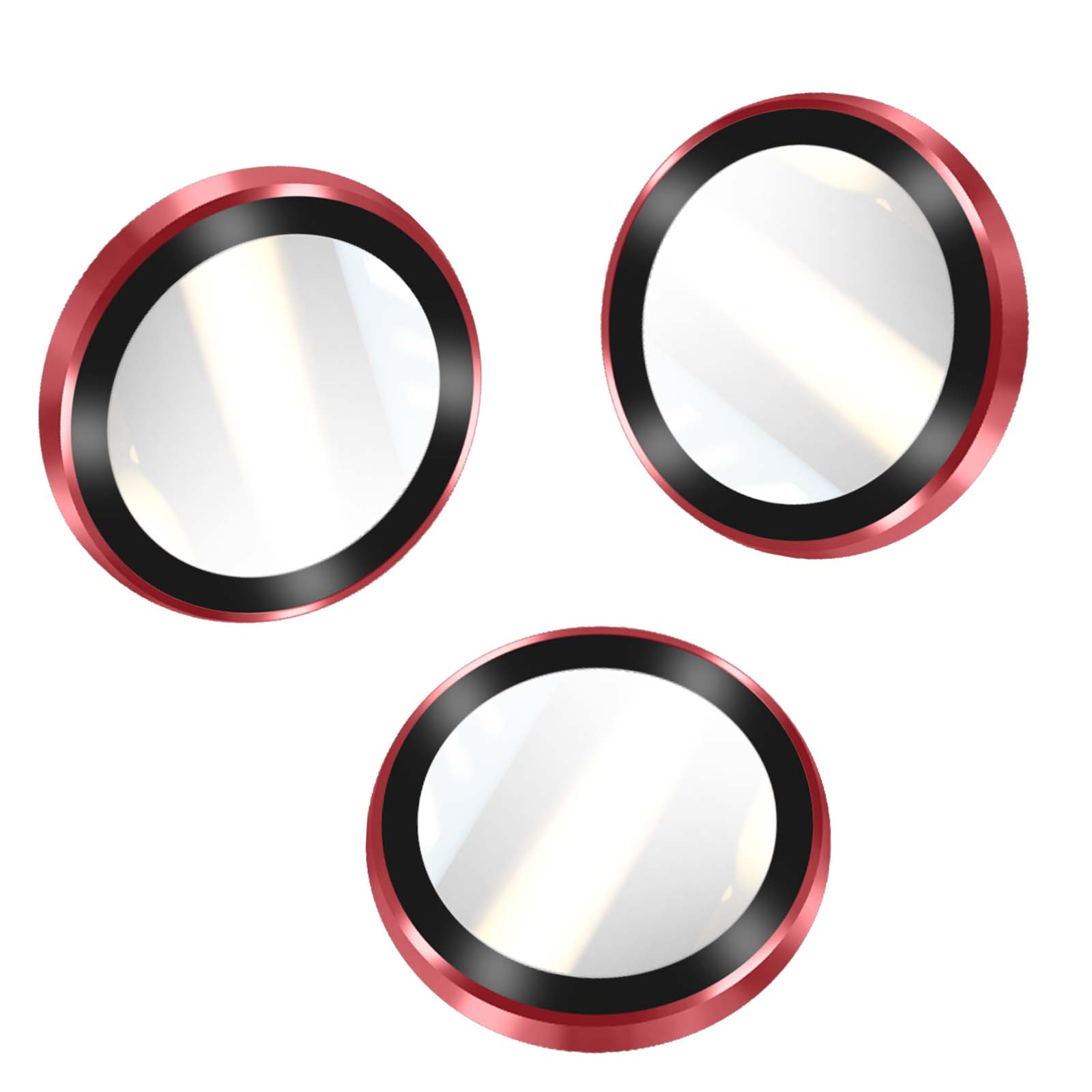 Trois lentilles circulaires avec des cadres rouges et des bordures noires sur fond blanc. Les lentilles ont une surface réfléchissante.
