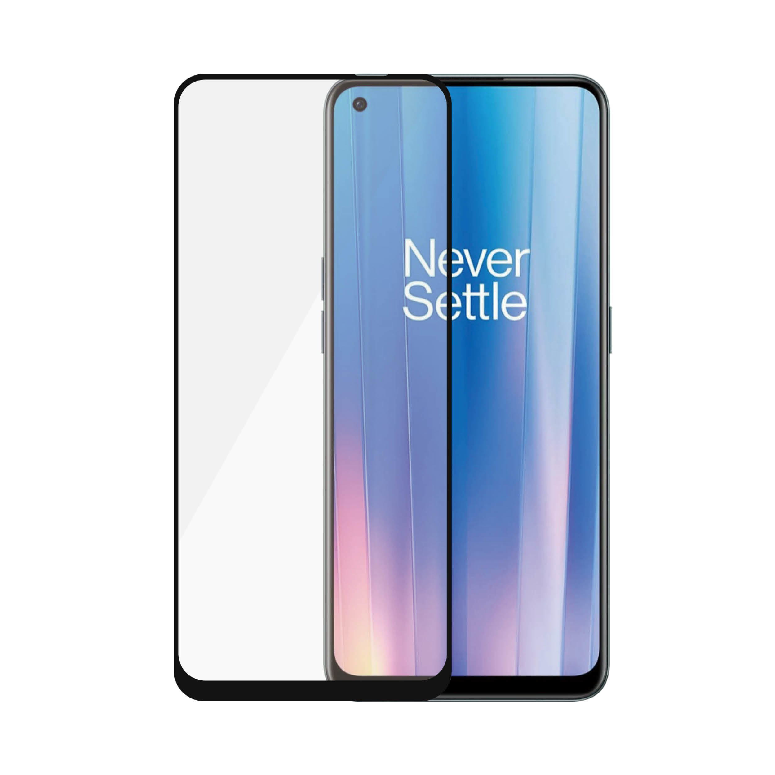 Uno smartphone con protezione schermo. Il telefono mostra uno sfondo colorato. Il testo 'Never Settle' è sullo schermo.