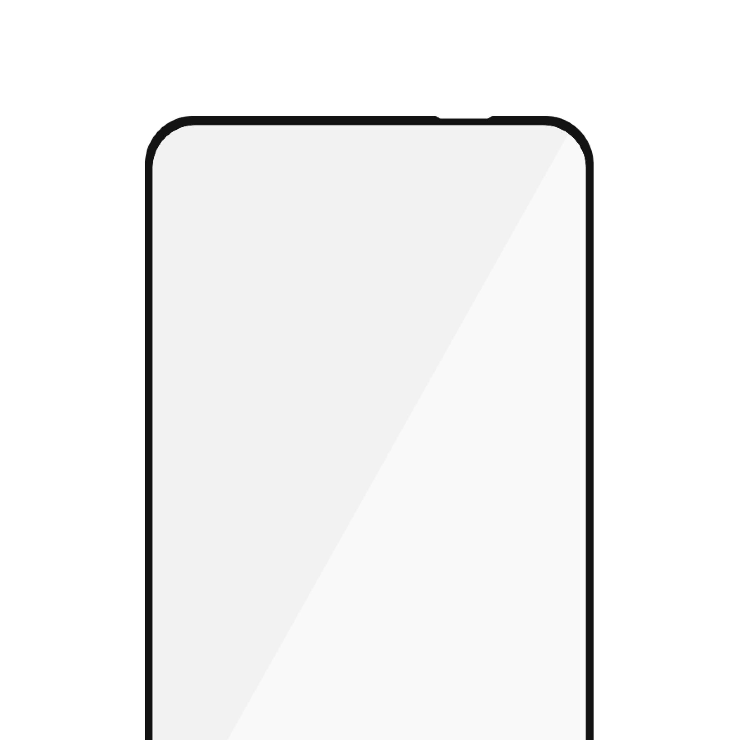 Una protezione per lo schermo dello smartphone. È rettangolare con angoli arrotondati e una cornice nera. Lo schermo è bianco.
