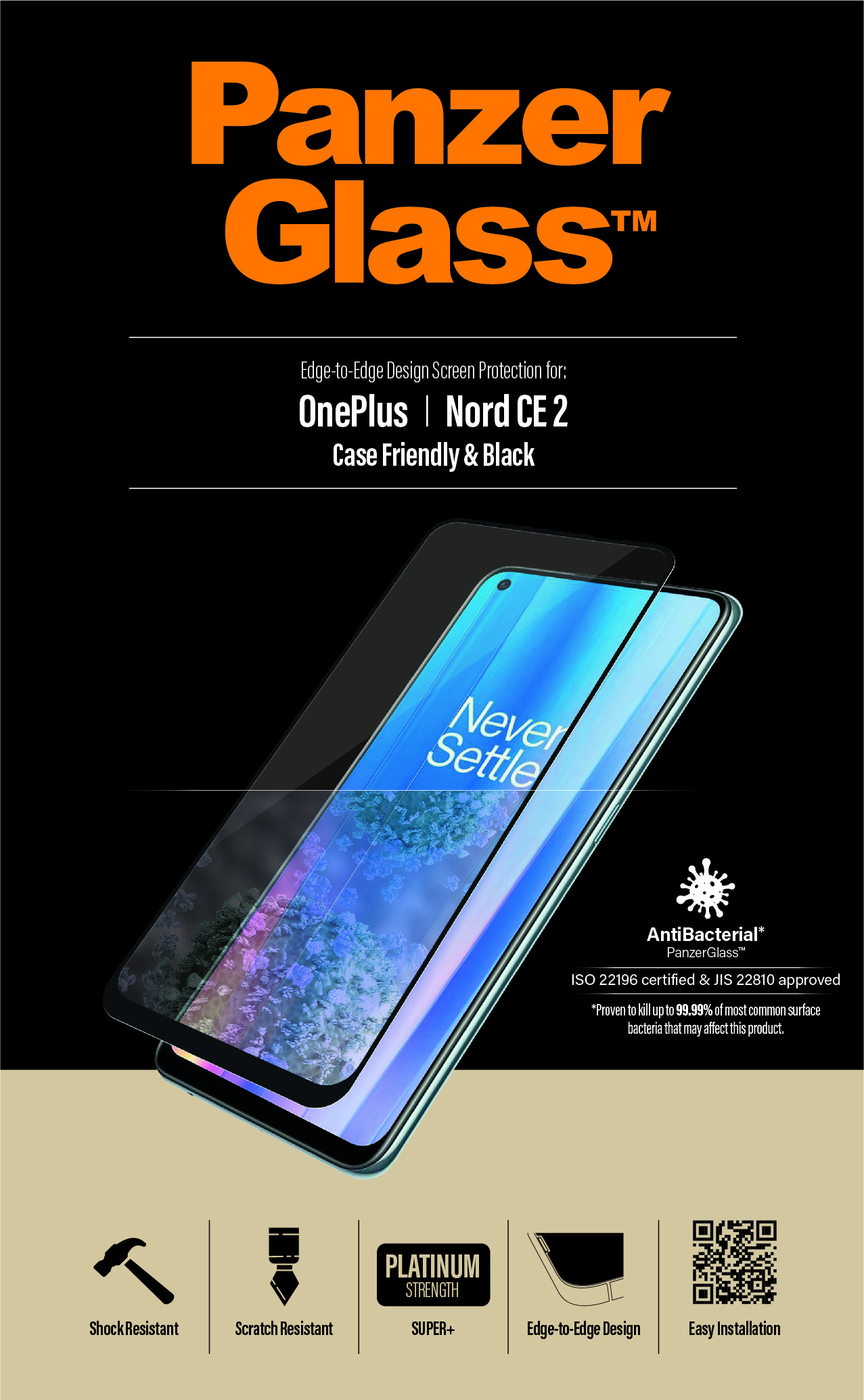 Una protezione per lo schermo sopra un telefono. Testo: PanzerGlass, OnePlus, Nord CE 2. Caratteristiche: antiurto, antigraffio, antibatterico.