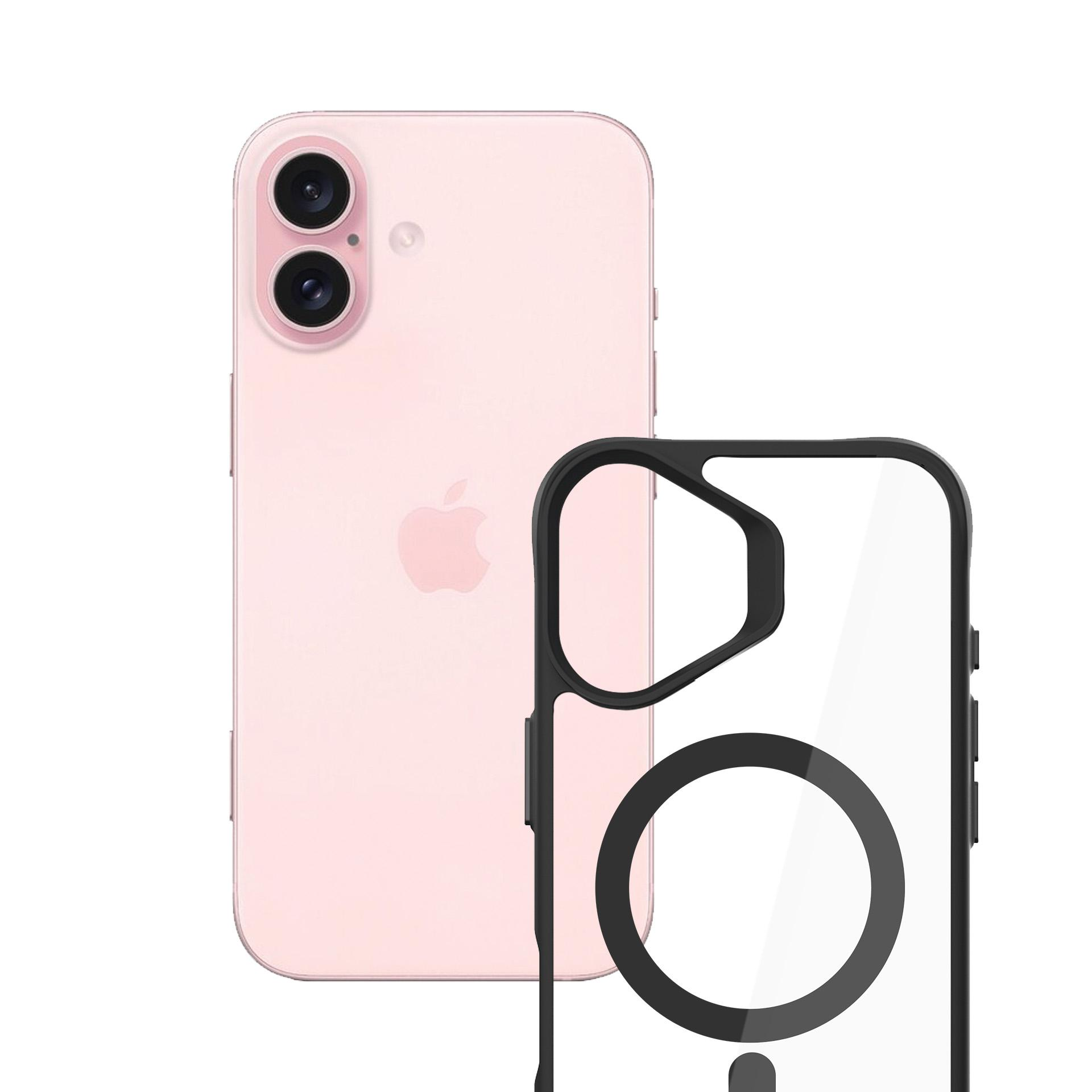 Różowy iPhone i czarne etui z przezroczystym środkiem i okrągłym wzorem, na białym tle.