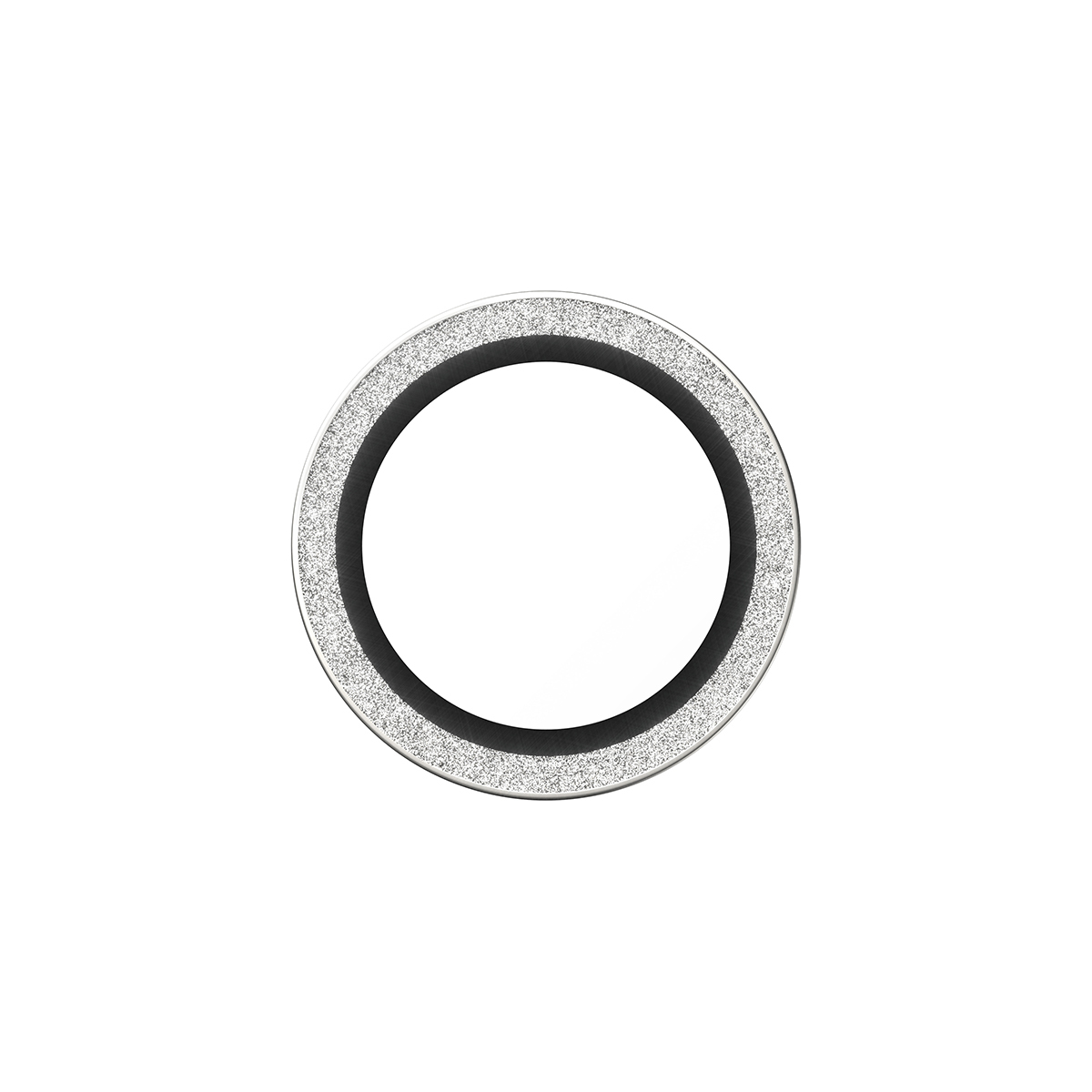 Een cirkelvormig object op een witte achtergrond. Het heeft een zwarte binnenring, een zilveren buitenring met glitter en een wit midden.