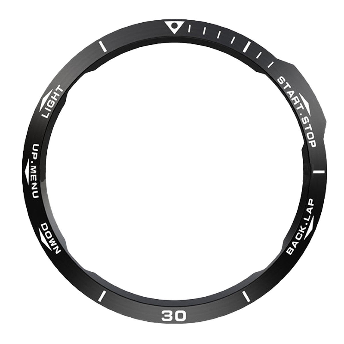 Lunetta nera dell'orologio con segni bianchi. Le etichette includono 'LIGHT', 'UP.MENU', 'DOWN', '30', 'START.STOP' e 'BACK.LAP'.