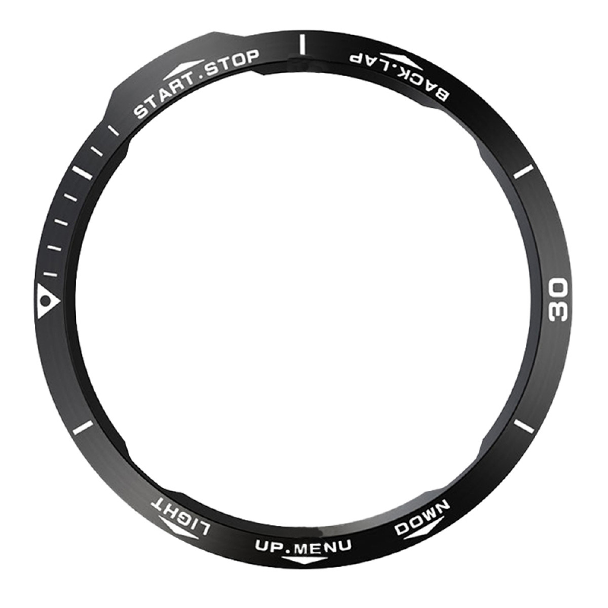 Ghiera nera dell'orologio con segni bianchi. Testo: START.STOP, BACK.LAP, LIGHT, UP.MENU, DOWN e il numero 30. Ci sono anche delle linee.