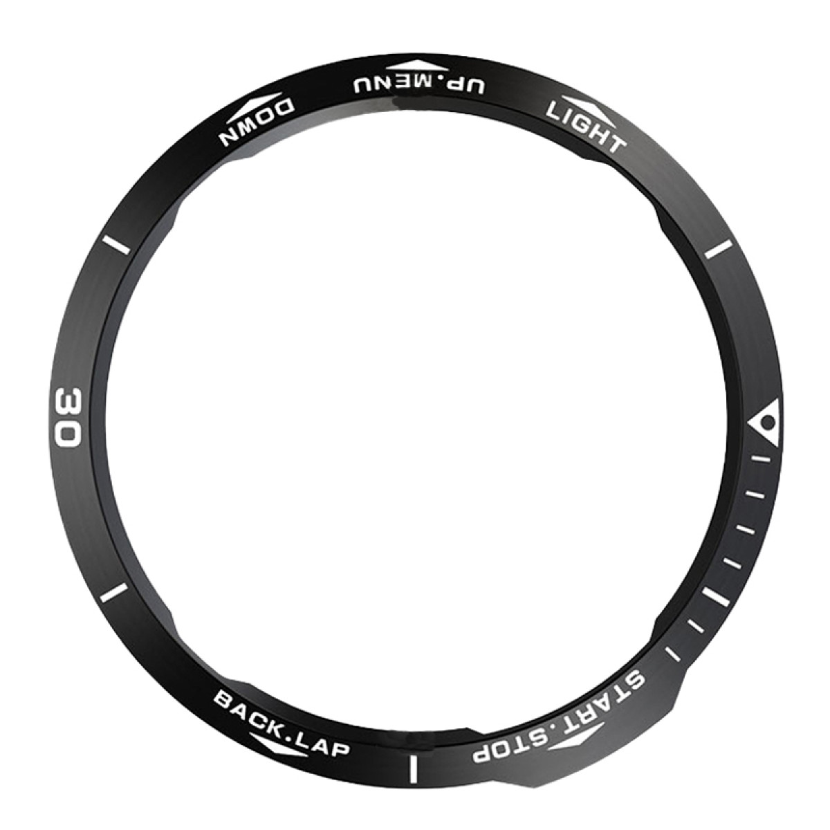 Una lunetta nera per orologio con testo e segni bianchi. Le etichette includono 'UP.MENU', 'LIGHT', 'DOWN', 'BACK.LAP' e 'START.STOP'.