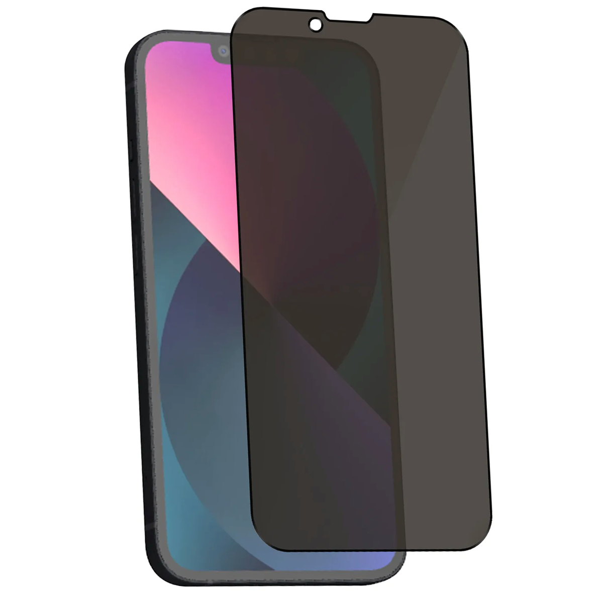 Uno smartphone con protezione schermo. Il telefono ha una cornice nera, schermo rosa e blu. La protezione è grigio scuro.