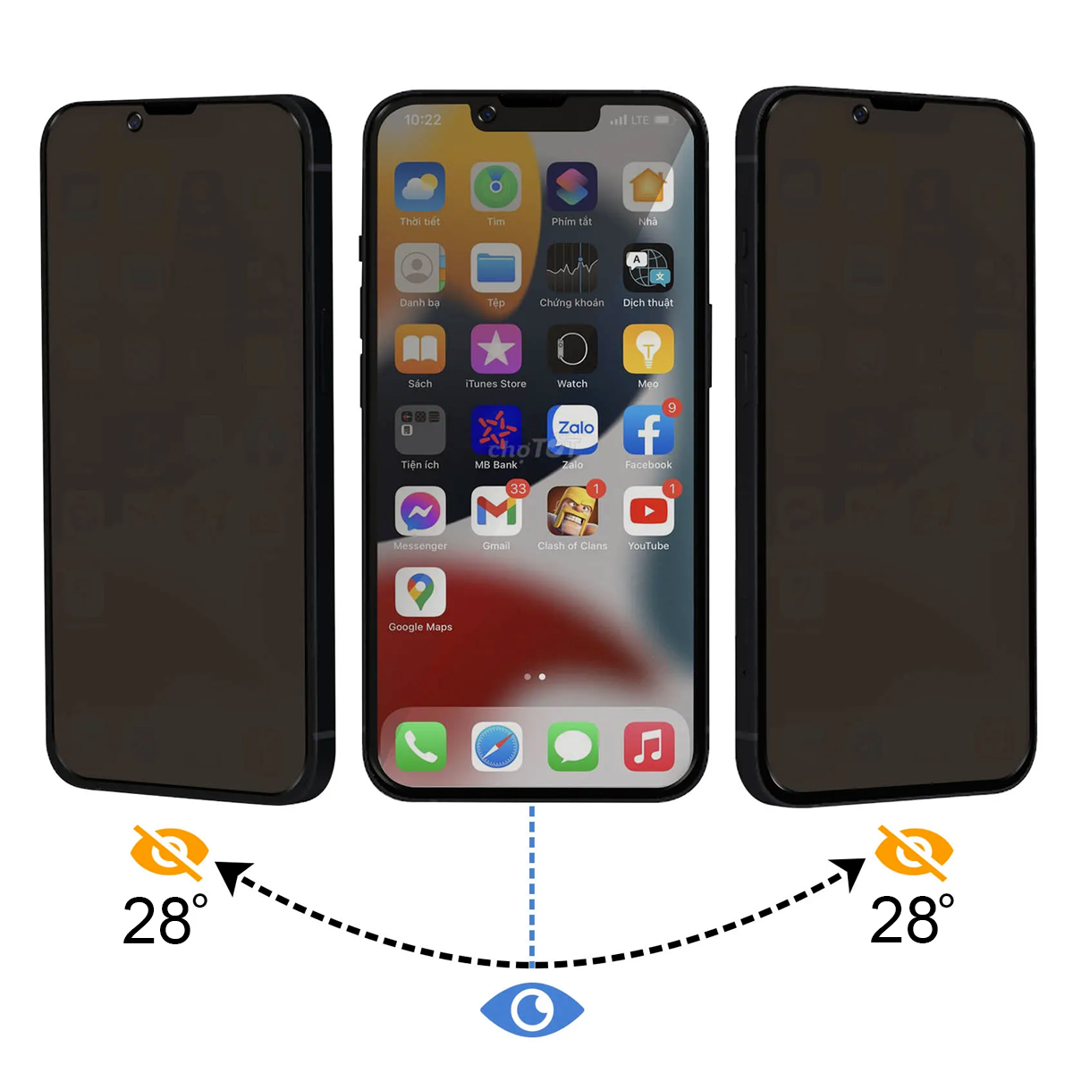 Tre smartphone. Quello centrale mostra icone di app. I telefoni laterali sono neri. Angolo visivo di 28 gradi. Icona occhio.