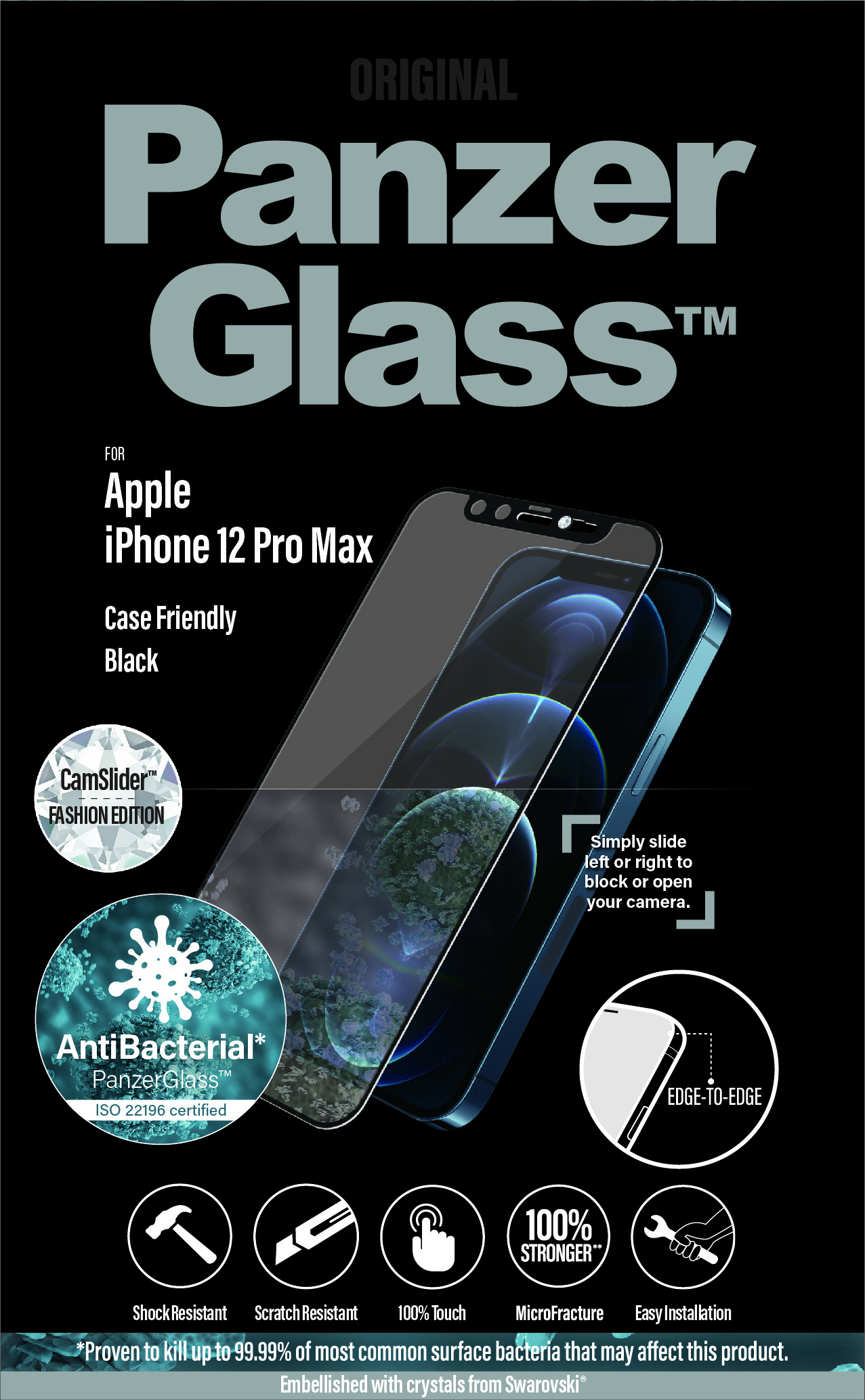Proteggi schermo PanzerGlass nero per iPhone 12 Pro Max. Caratteristiche: antibatterico, antigraffio e protezione edge-to-edge.