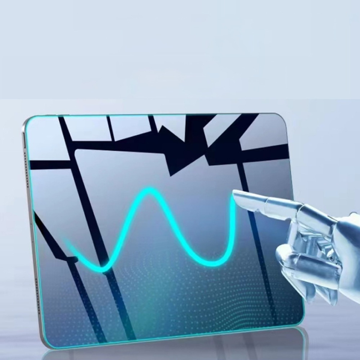Een tablet met een neonblauwe lijngrafiek. Een robotische hand raakt het scherm aan. Het scherm heeft ook zwarte geometrische vormen.