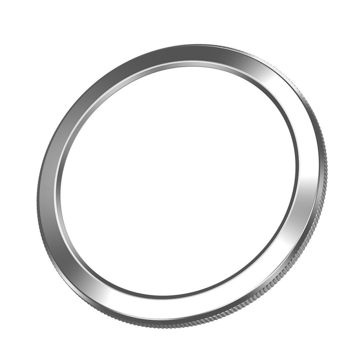 Un anello metallico con bordo esterno zigrinato. L'anello è argentato e ha una forma circolare, su sfondo bianco.