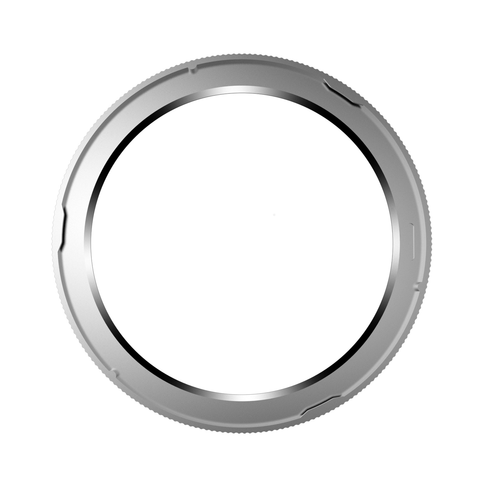 Un anello metallico con bordo esterno zigrinato. Il centro è vuoto, bianco. L'anello è argentato con dettagli neri.
