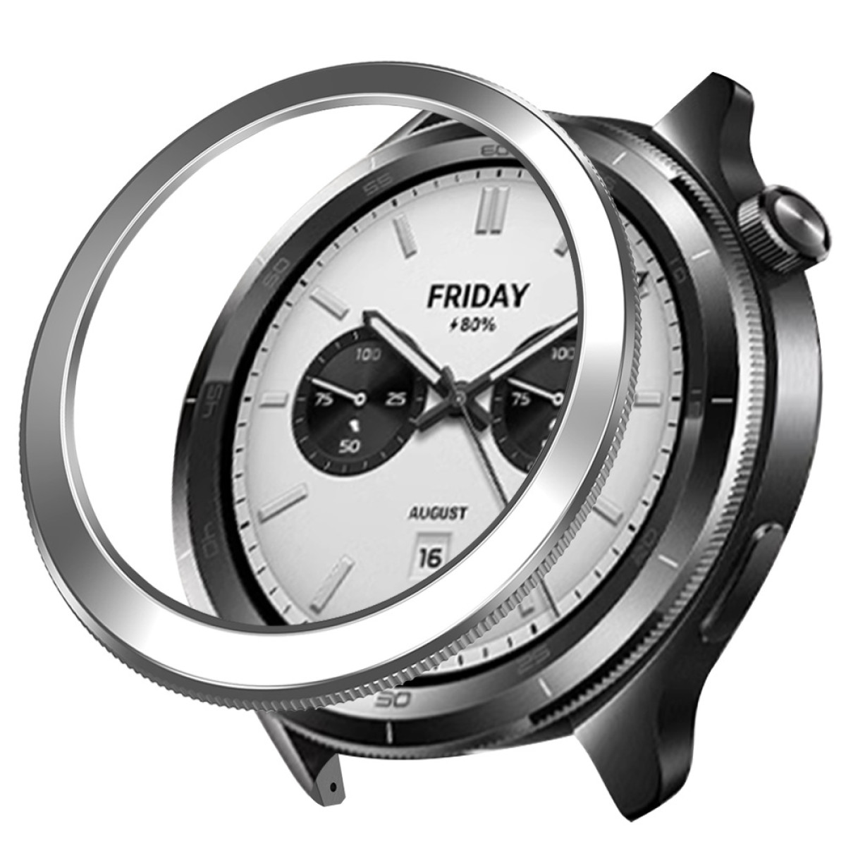 Primo piano di uno smartwatch con quadrante bianco che mostra venerdì 16 agosto. L'orologio ha una lunetta argentata e una cassa nera.