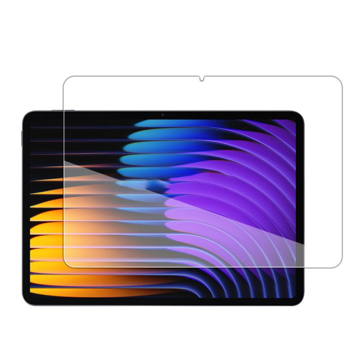 Tablet con protezione schermo. Lo schermo mostra un design astratto e colorato con sfumature blu, arancioni e viola.