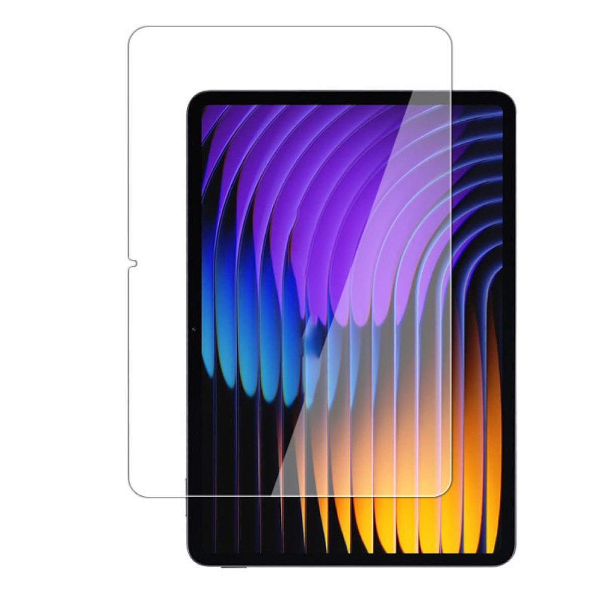Tablet con protezione schermo. Lo schermo mostra linee verticali colorate viola, blu e gialle. La protezione è trasparente.