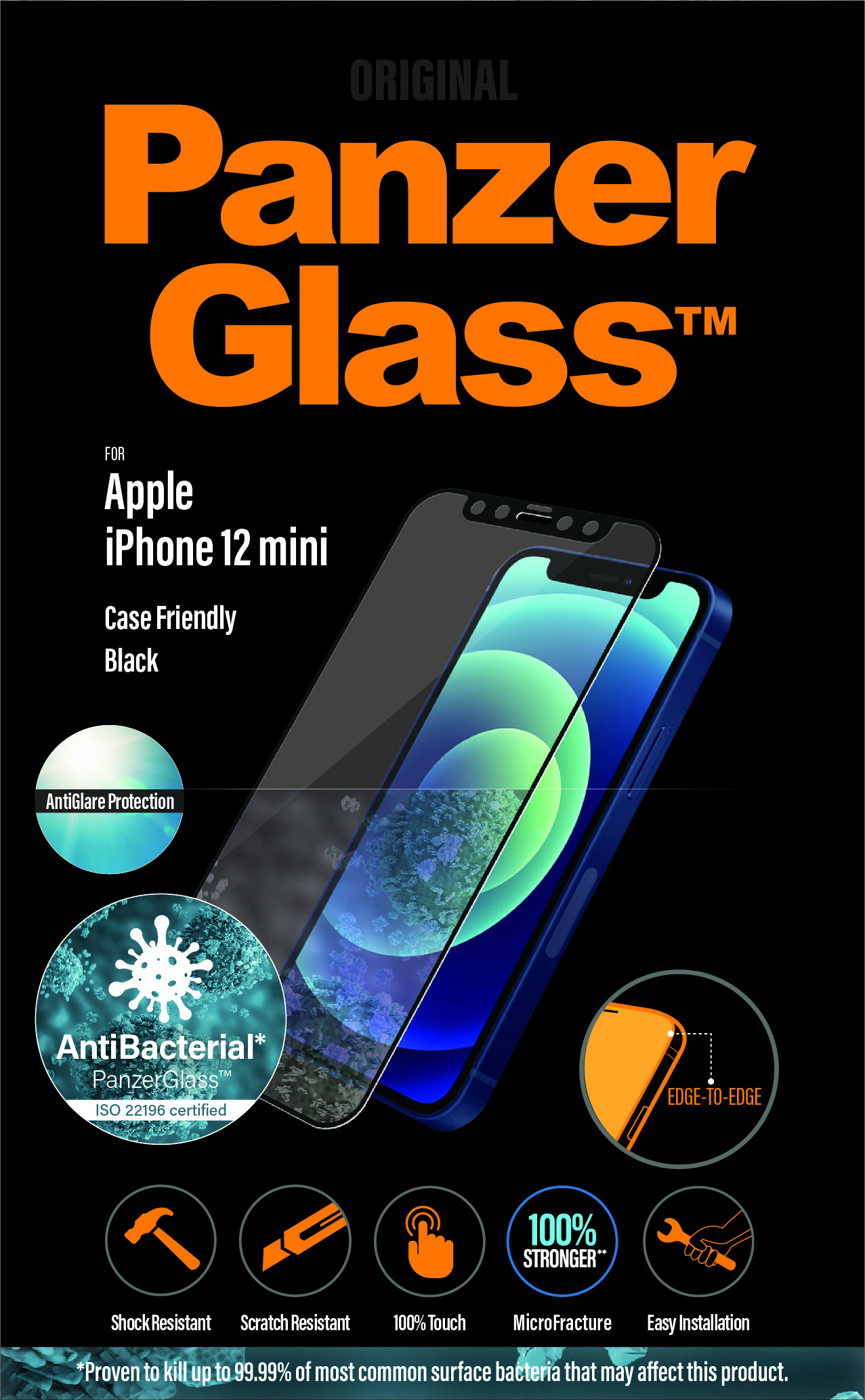 Un telefono con protezione schermo. Il testo dice PanzerGlass, AntiGlare, AntiBacterial e caratteristiche come resistente agli urti e facile installazione.