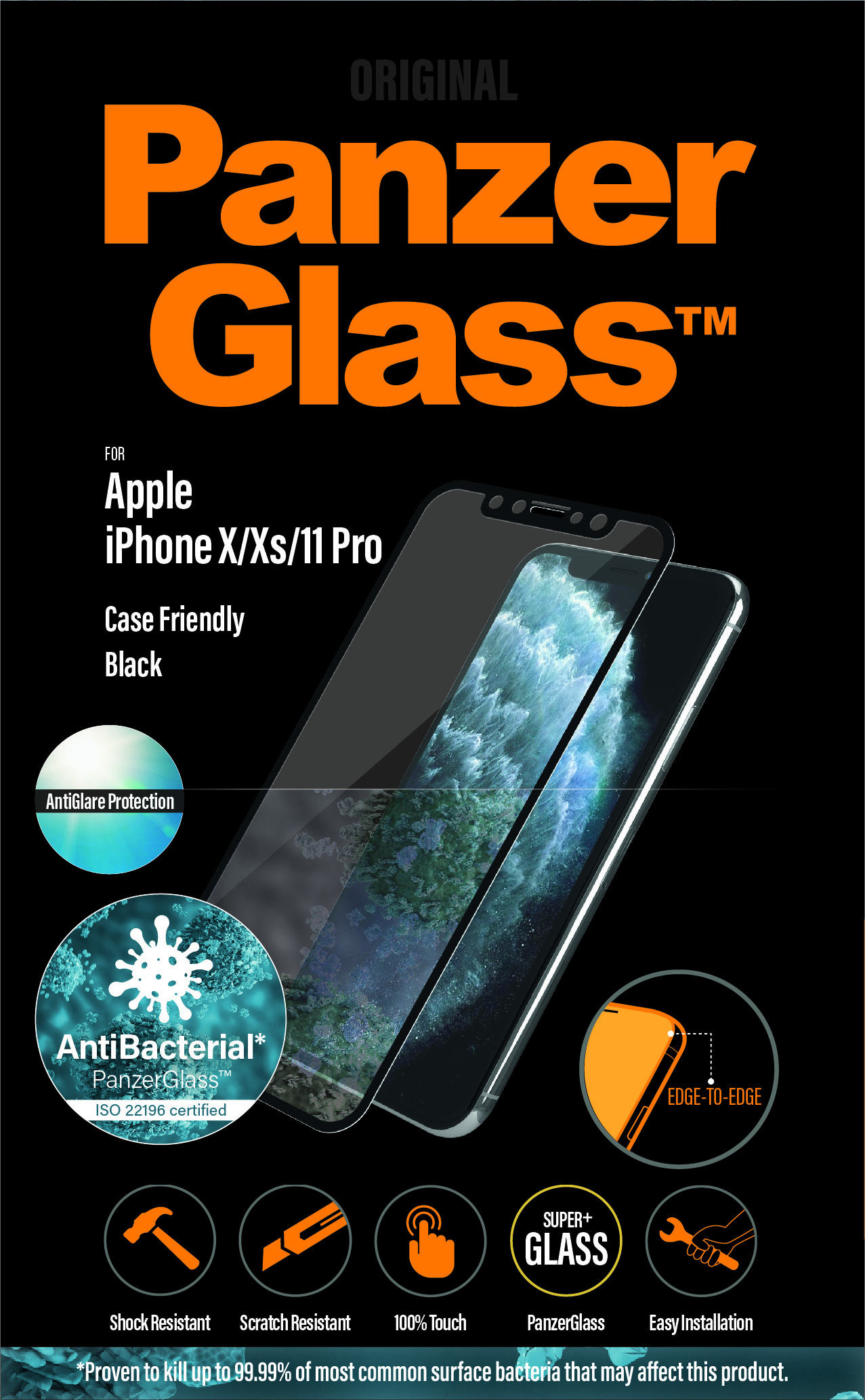 Sfondo nero con logo PanzerGlass. Mostra un telefono con protezione schermo. Le caratteristiche includono resistenza agli urti e antibatterico.
