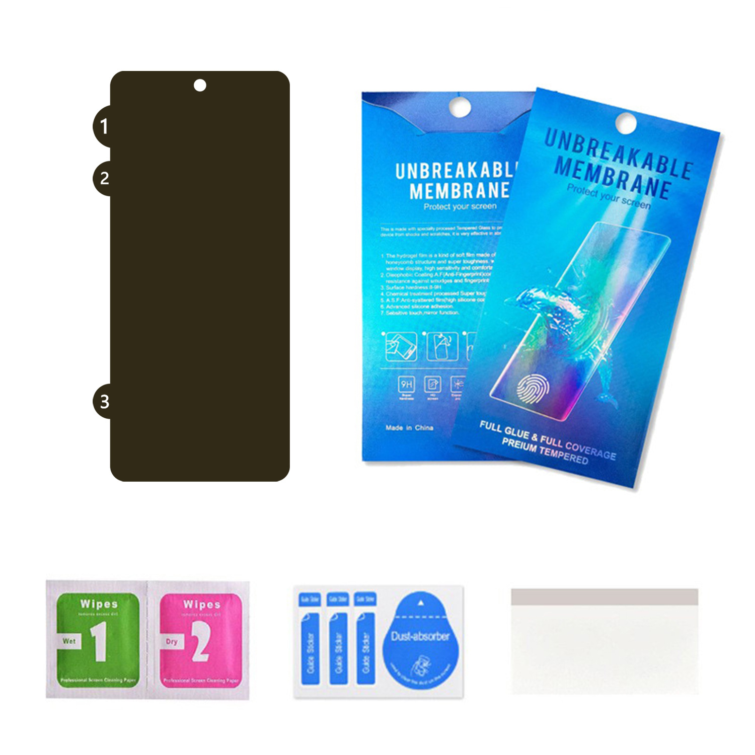 L'immagine mostra la confezione e gli accessori del proteggi schermo: salviette, assorbitore di polvere e adesivi guida.