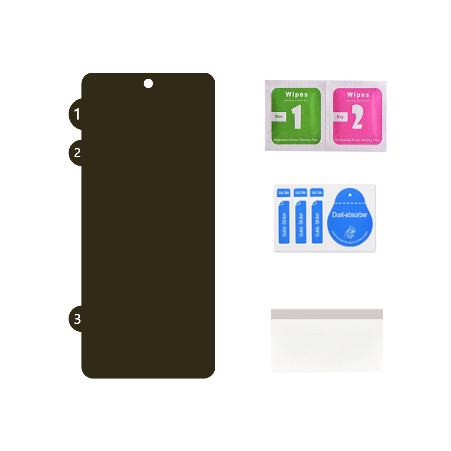 Un kit di protezione dello schermo include protezione, salviette, adesivi guida e un assorbitore di polvere, tutto su sfondo bianco.