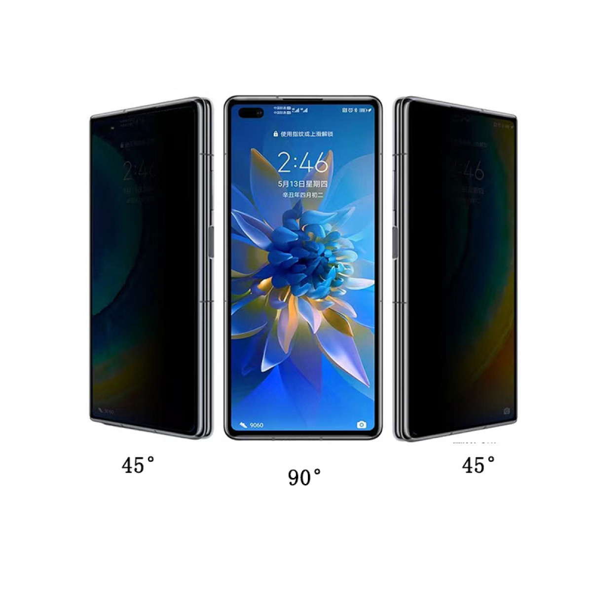Tre smartphone. Il centrale mostra ora e data. Gli altri sono a 45°, mostrando uno schermo scuro.