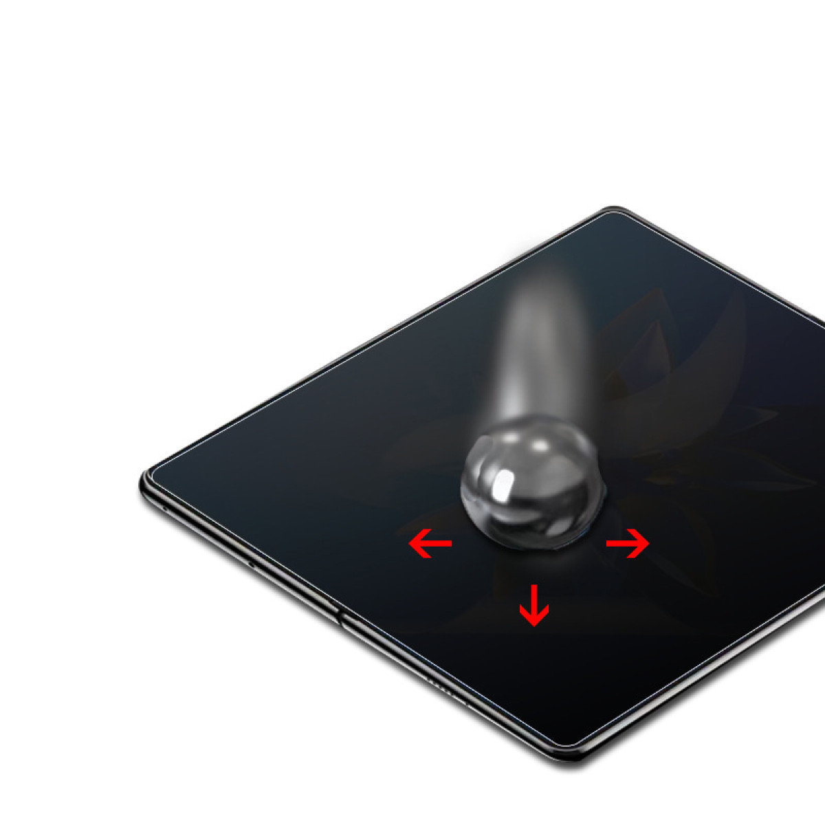 Un tablet scuro con una goccia d'acqua. Frecce rosse indicano le direzioni. Sfondo bianco. La goccia è al centro.