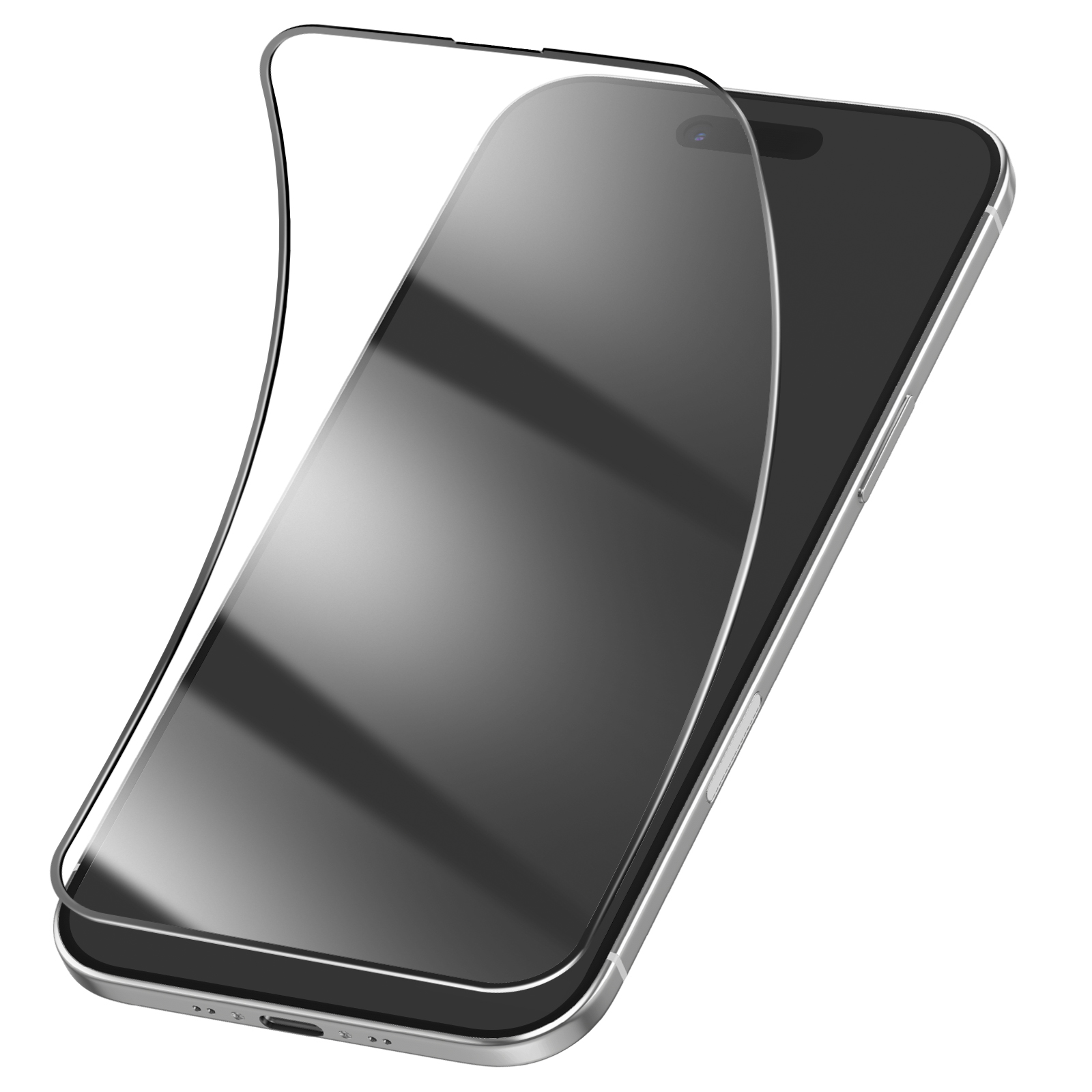Uno smartphone a cui viene applicata una protezione per lo schermo. Il telefono è argentato, lo schermo nero. La protezione è trasparente.