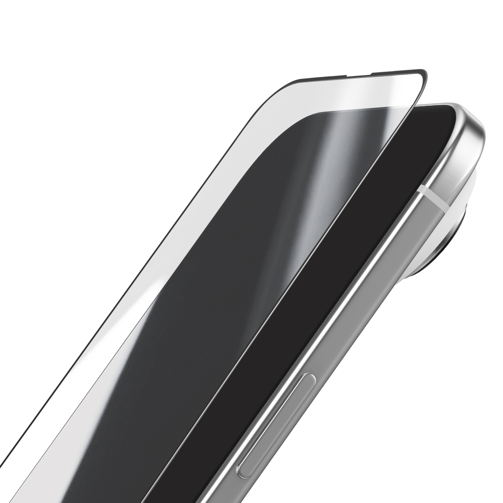 Un primo piano di un telefono con una protezione per lo schermo in applicazione. Il telefono è argento e nero, con sfondo bianco.